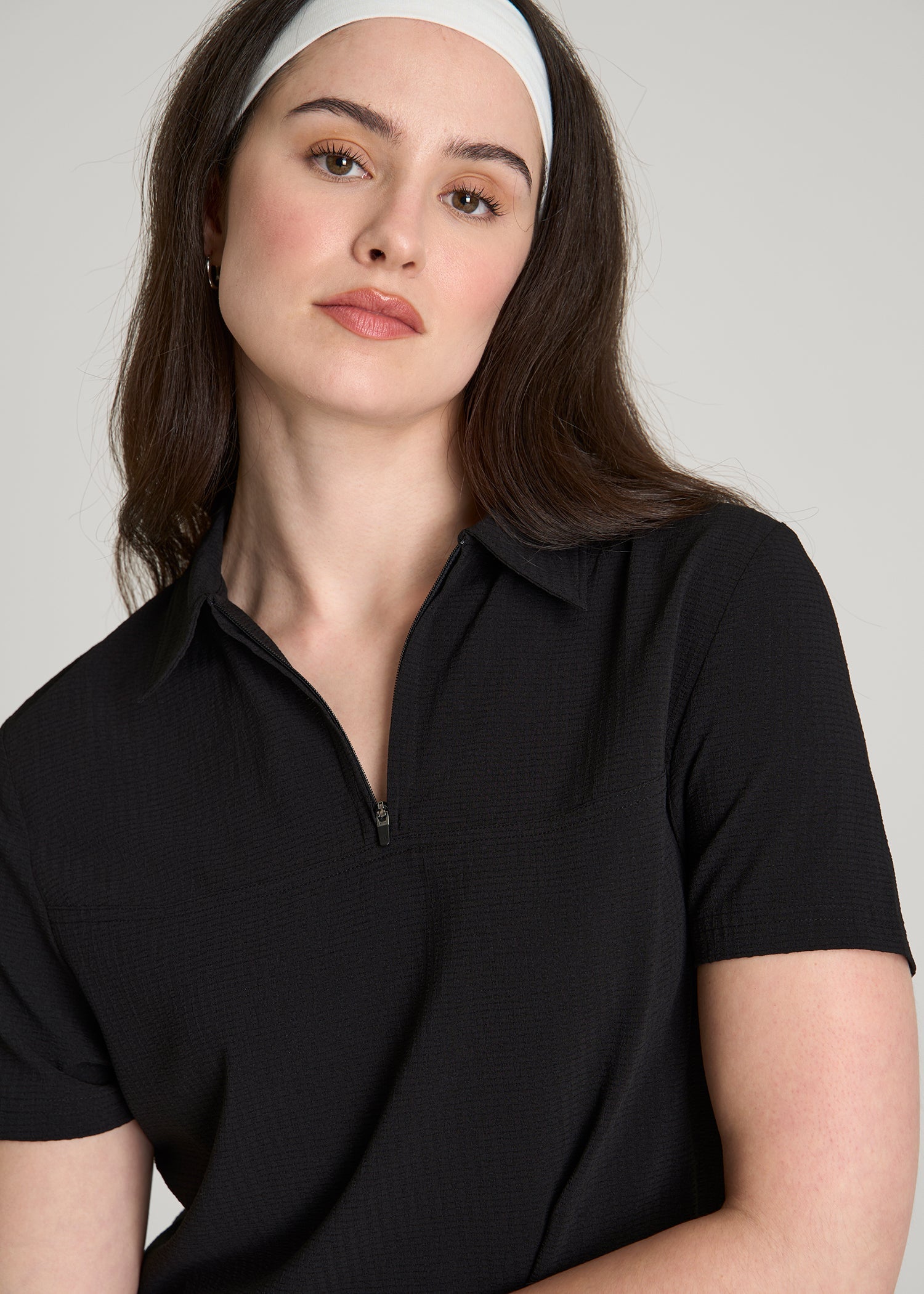 American Tall Outlet | Coastal perforated short sleeve golf polo for Tall Women in Black