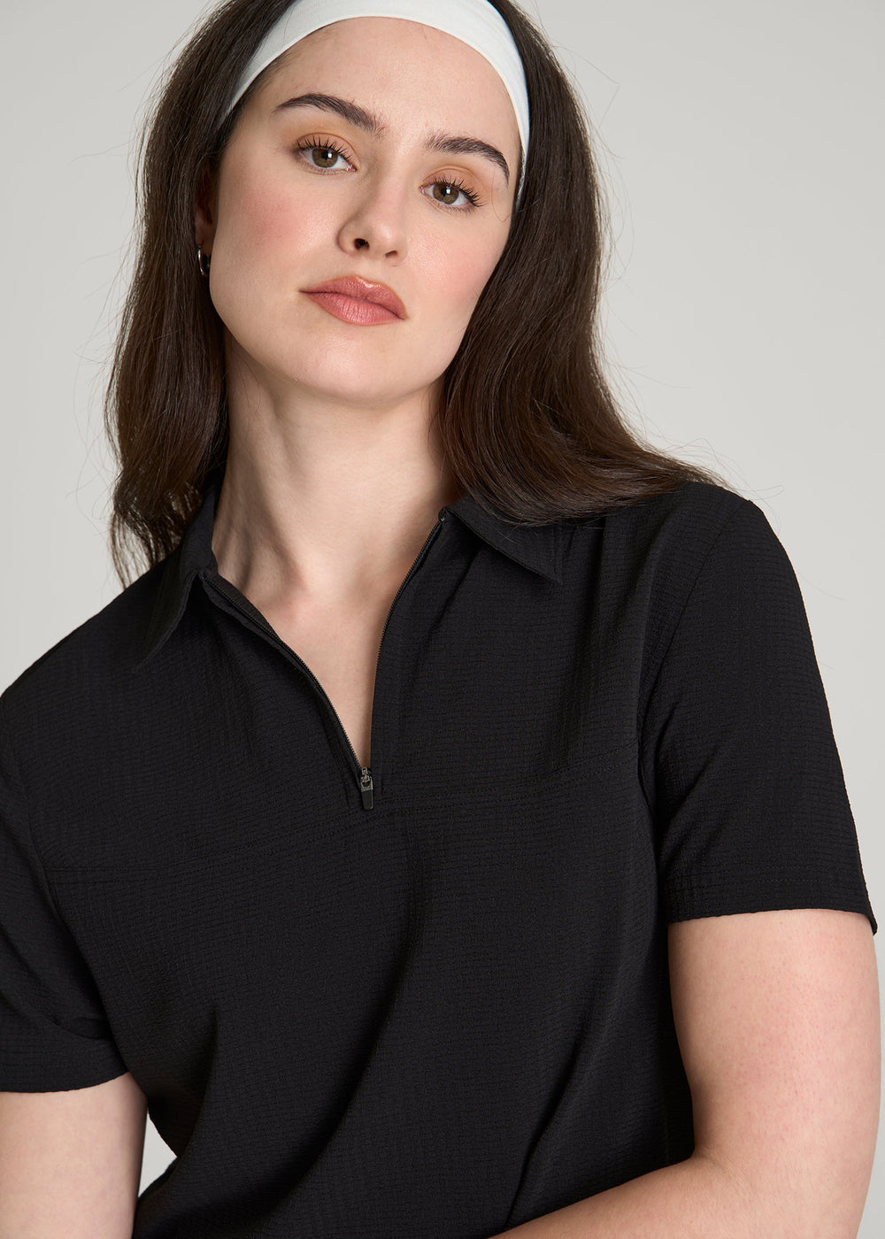 American Tall Outlet | Coastal perforated short sleeve golf polo for Tall Women in Black