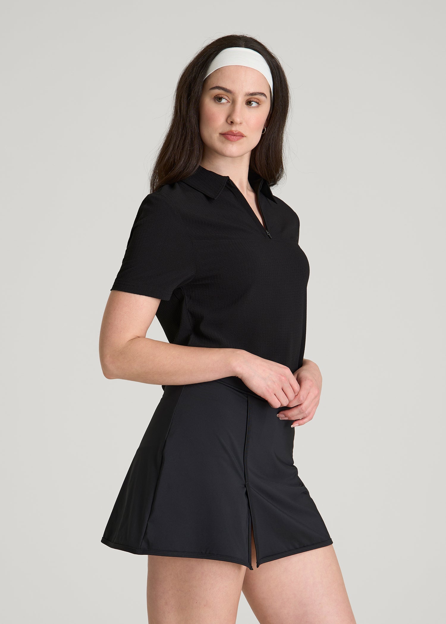 American Tall Outlet | Coastal perforated short sleeve golf polo for Tall Women in Black
