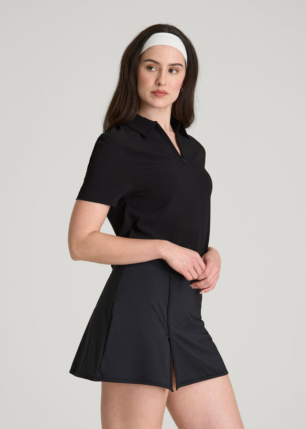 American Tall Outlet | Coastal perforated short sleeve golf polo for Tall Women in Black