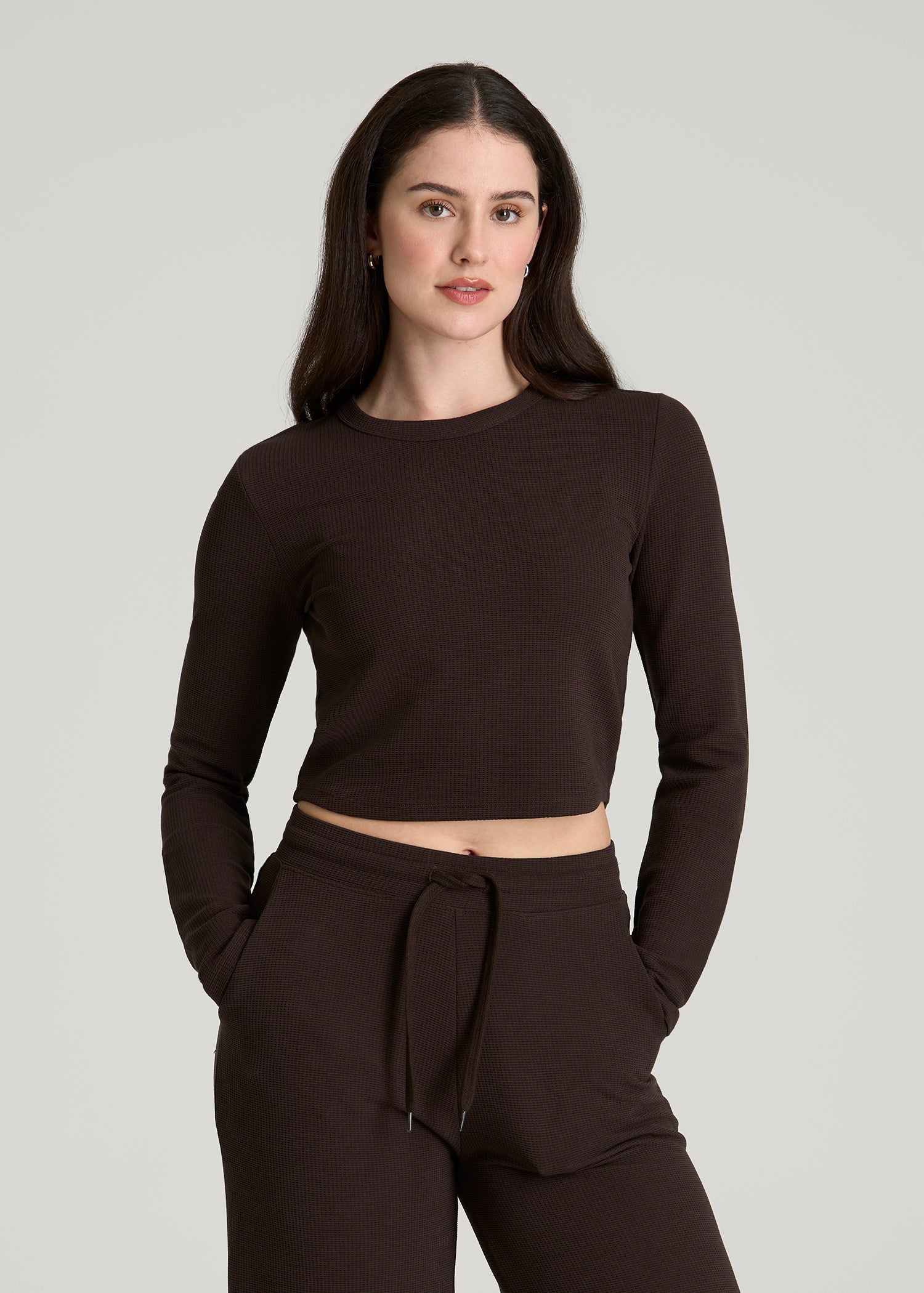 American Tall Discount | Cropped Long Sleeve Waffle Top for Tall Women in Espresso