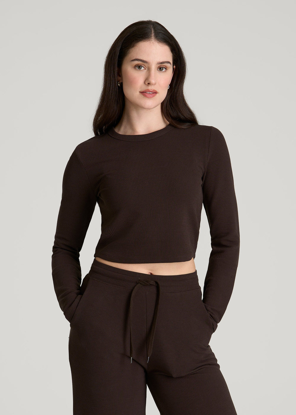 American Tall Discount | Cropped Long Sleeve Waffle Top for Tall Women in Espresso