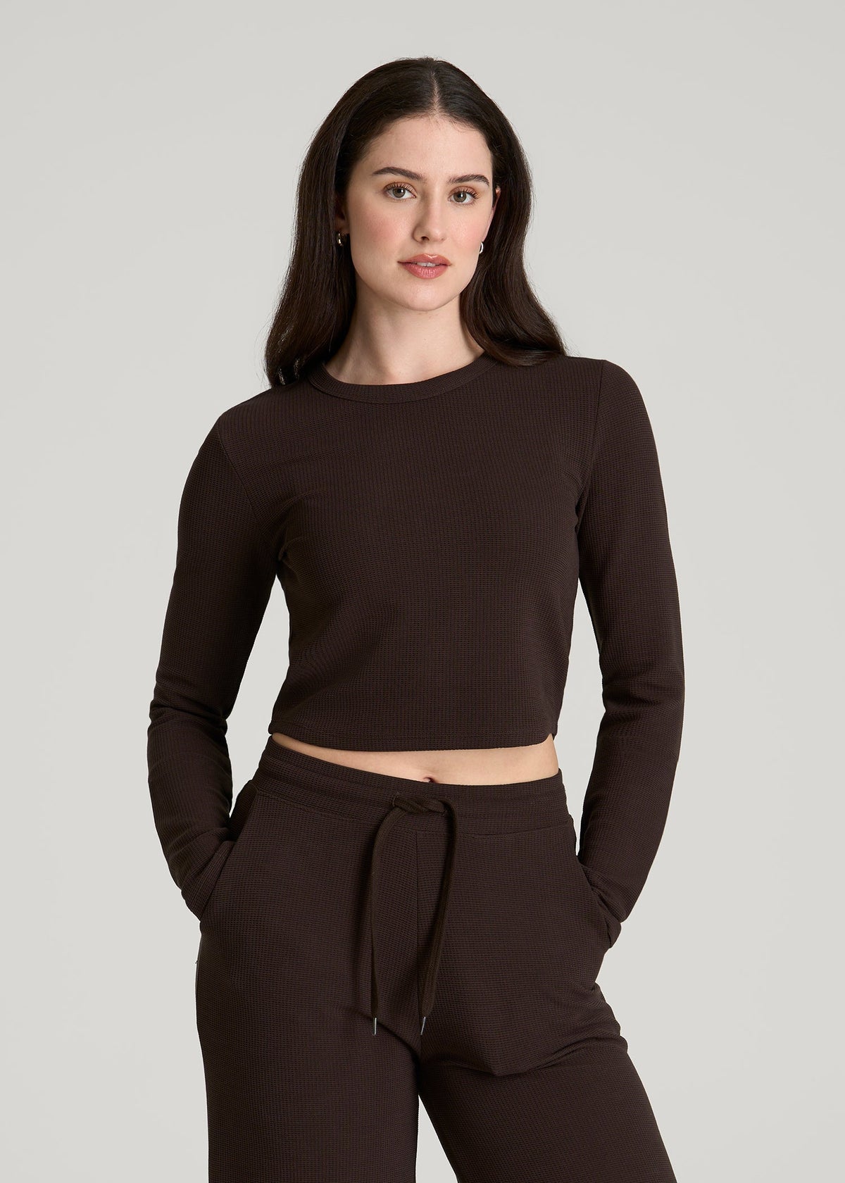 American Tall Discount | Cropped Long Sleeve Waffle Top for Tall Women in Espresso