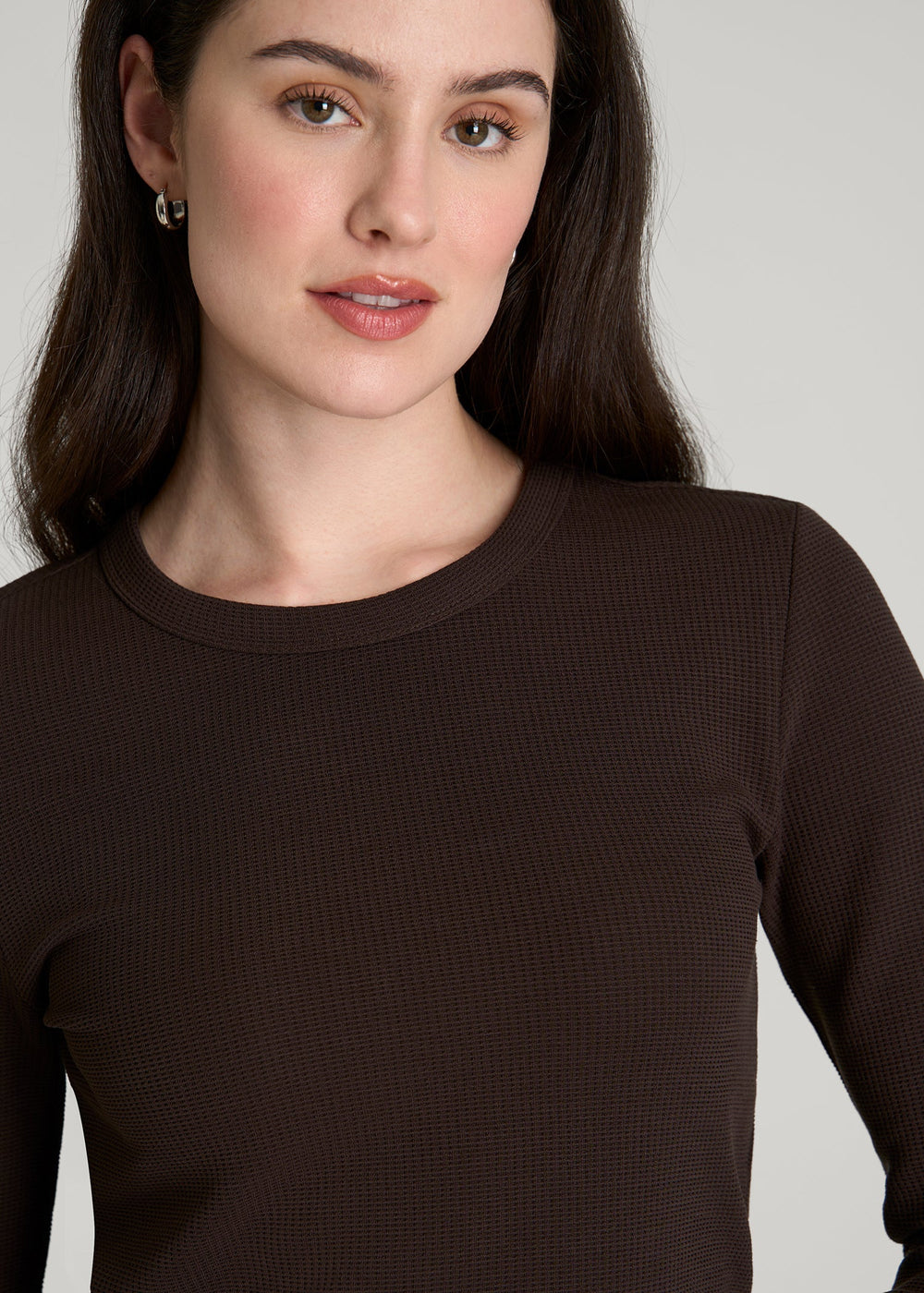 American Tall Discount | Cropped Long Sleeve Waffle Top for Tall Women in Espresso
