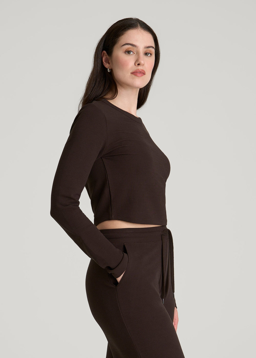American Tall Discount | Cropped Long Sleeve Waffle Top for Tall Women in Espresso