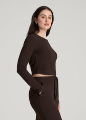 American Tall Discount | Cropped Long Sleeve Waffle Top for Tall Women in Espresso