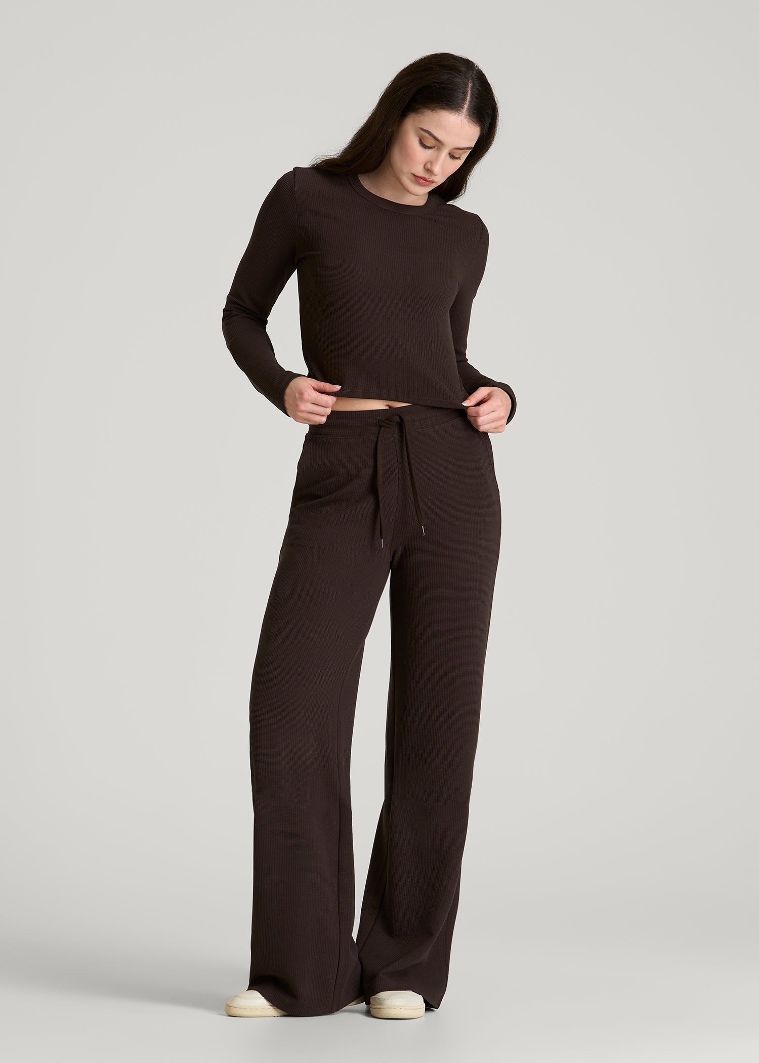American Tall Discount | Cropped Long Sleeve Waffle Top for Tall Women in Espresso