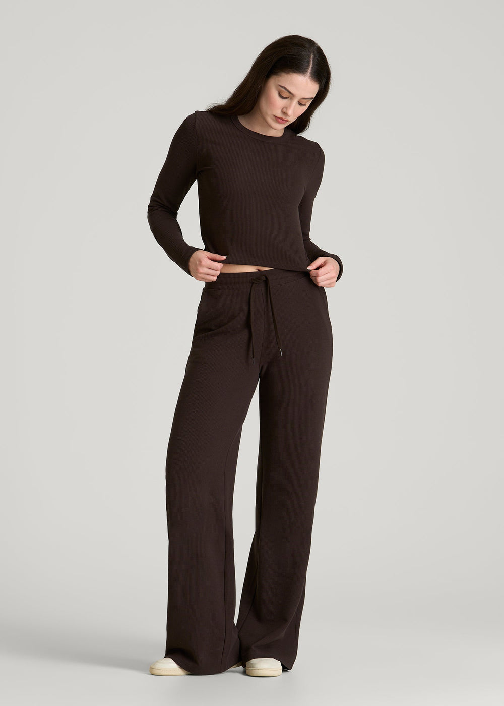 American Tall Discount | Cropped Long Sleeve Waffle Top for Tall Women in Espresso