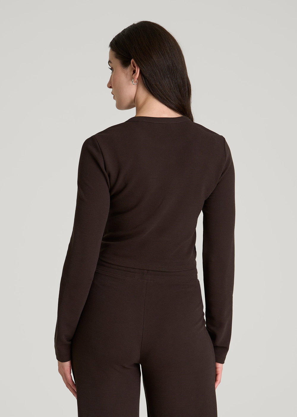 American Tall Discount | Cropped Long Sleeve Waffle Top for Tall Women in Espresso