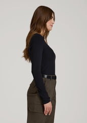American Tall For Sale | Long Sleeve Ribbed Square Neck Top for Tall Women in Black