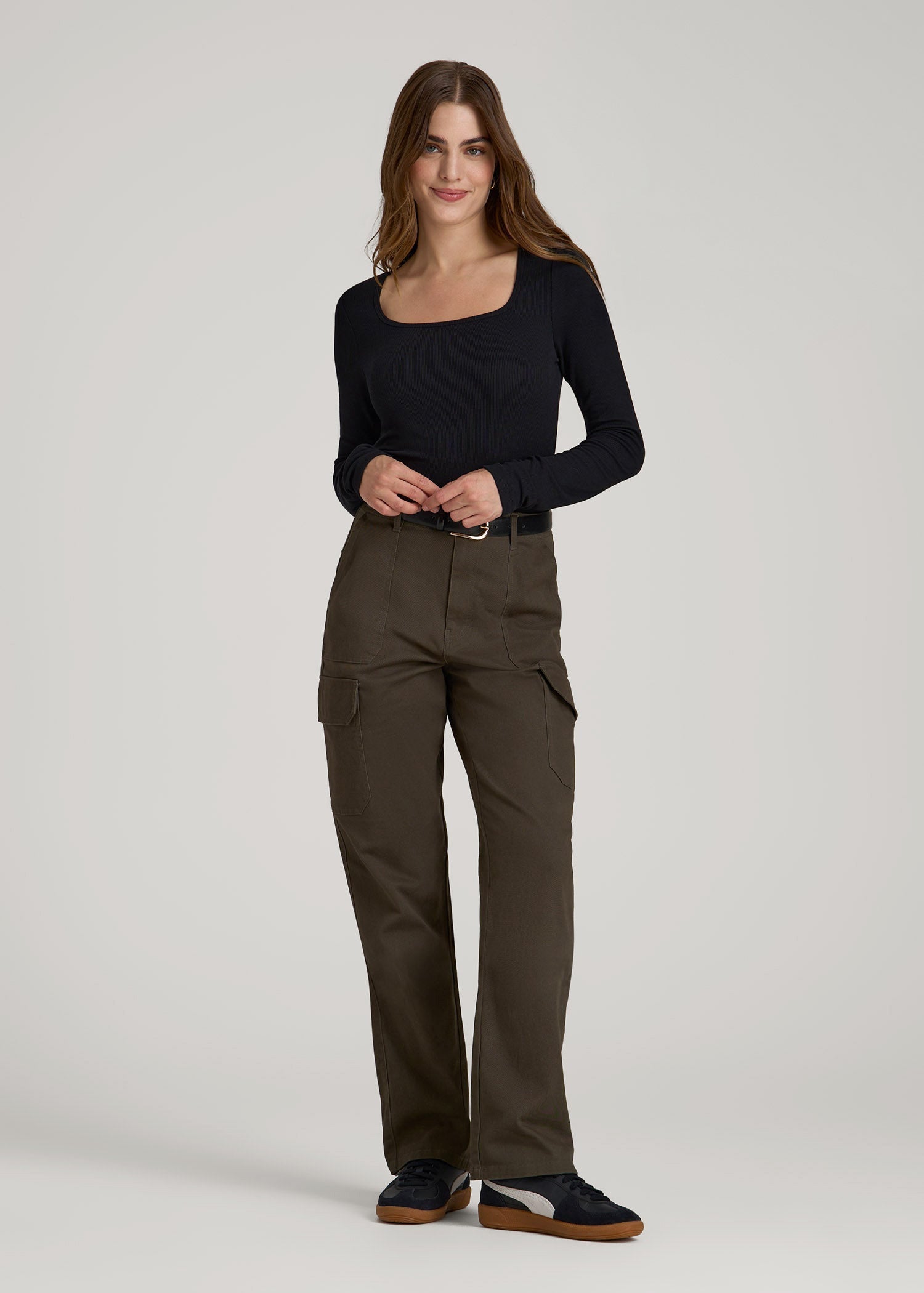 American Tall For Sale | Long Sleeve Ribbed Square Neck Top for Tall Women in Black