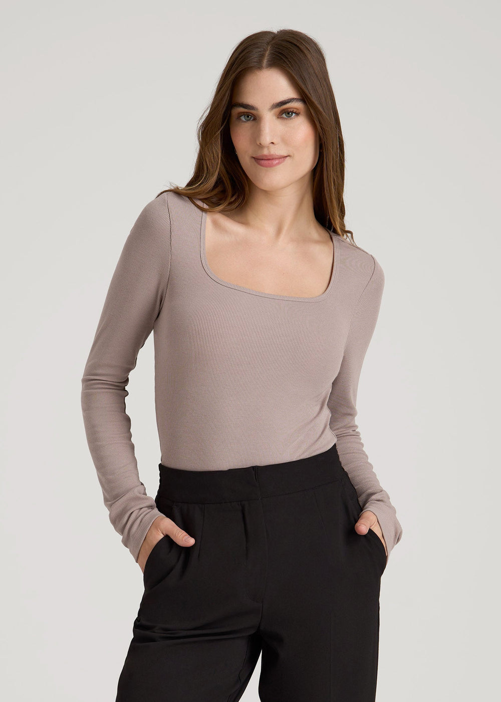 American Tall Online Shop | Long Sleeve Ribbed Square Neck Top for Tall Women in Truly Taupe