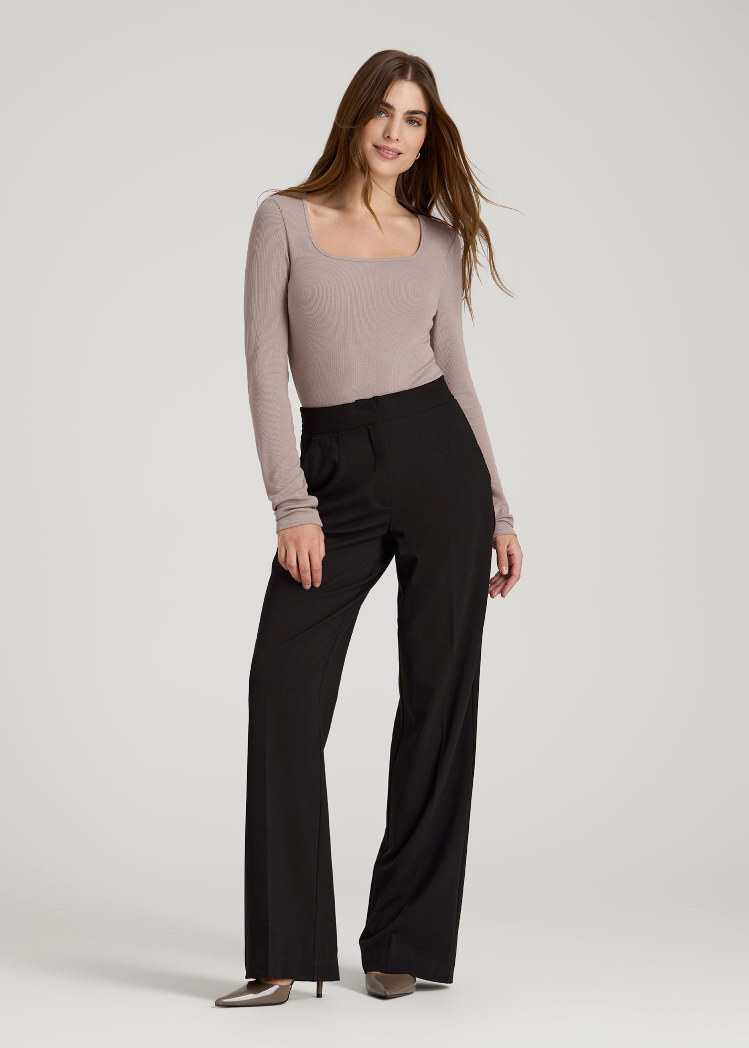 American Tall Online Shop | Long Sleeve Ribbed Square Neck Top for Tall Women in Truly Taupe