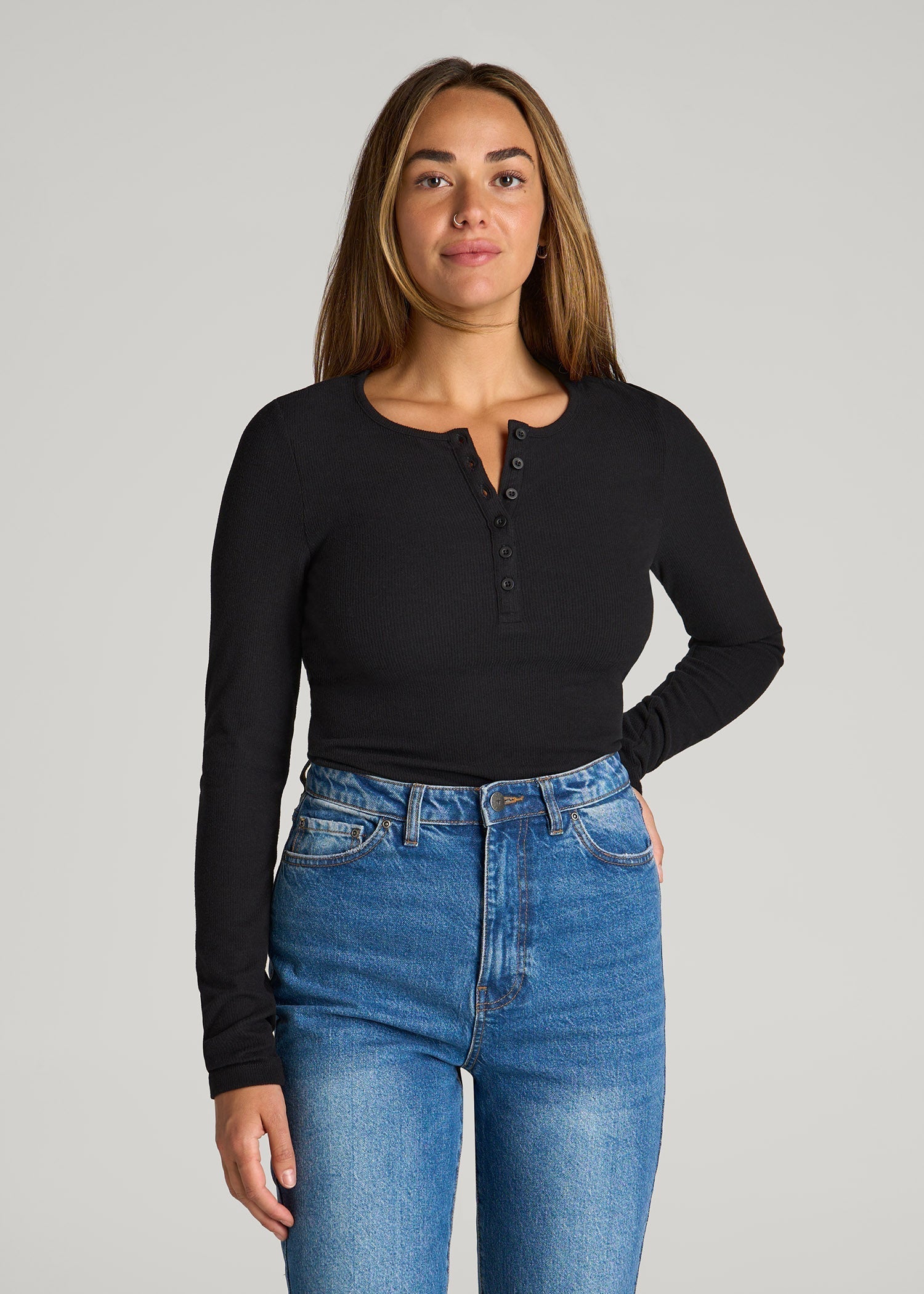 American Tall Discount | Long Sleeve Ribbed Crewneck Henley Shirt for Tall Women in Black