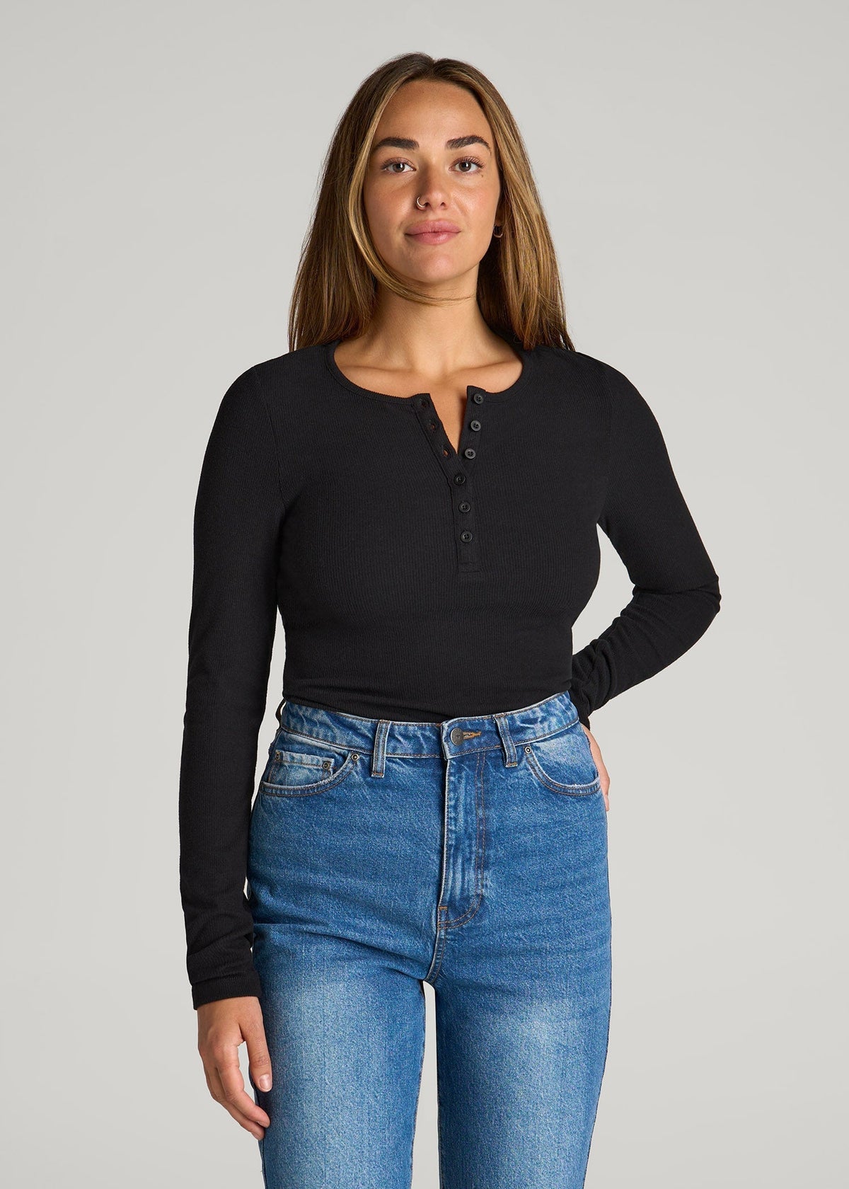 American Tall Discount | Long Sleeve Ribbed Crewneck Henley Shirt for Tall Women in Black