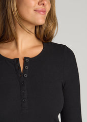 American Tall Discount | Long Sleeve Ribbed Crewneck Henley Shirt for Tall Women in Black