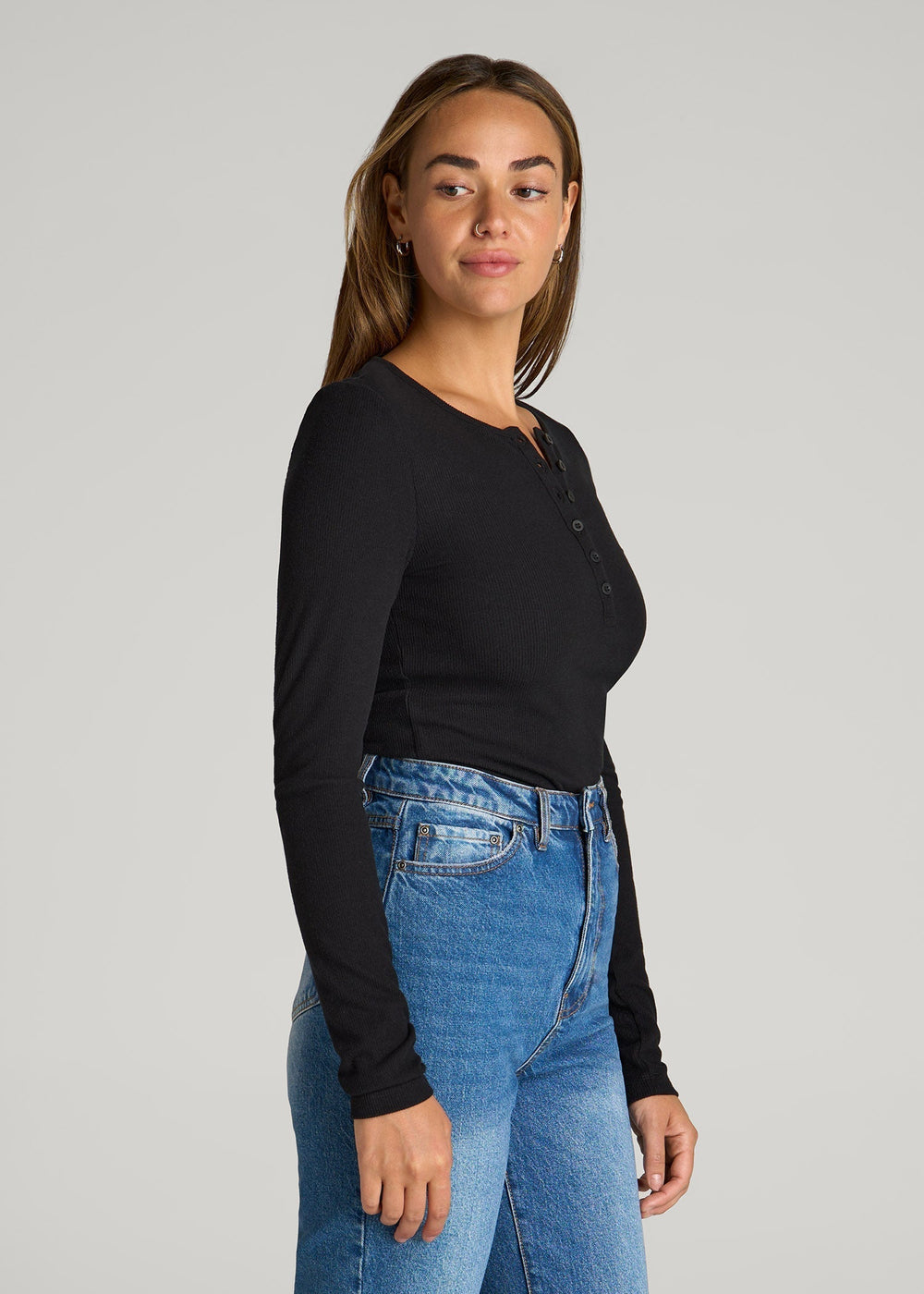 American Tall Discount | Long Sleeve Ribbed Crewneck Henley Shirt for Tall Women in Black