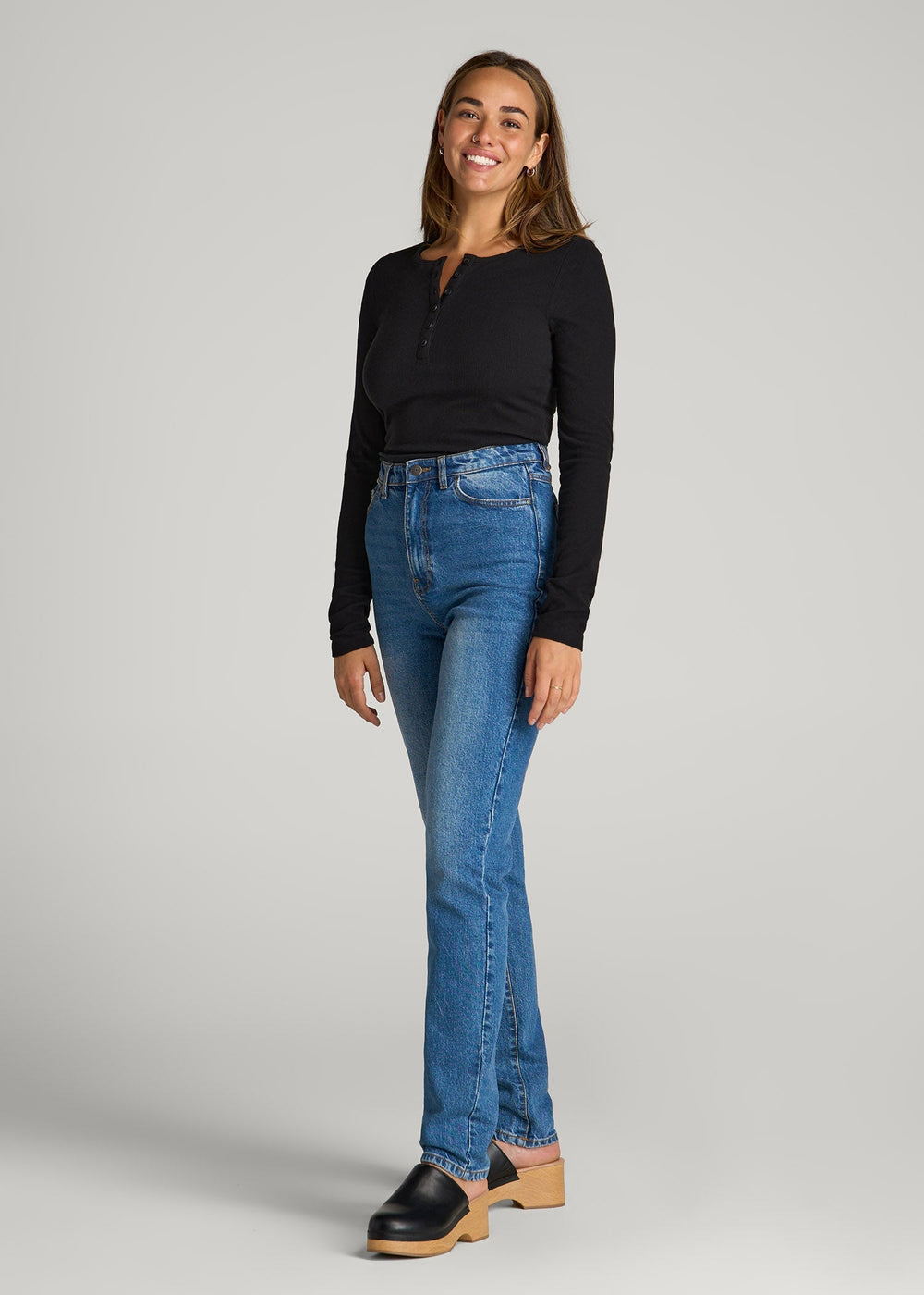American Tall Discount | Long Sleeve Ribbed Crewneck Henley Shirt for Tall Women in Black