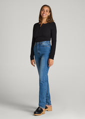 American Tall Discount | Long Sleeve Ribbed Crewneck Henley Shirt for Tall Women in Black