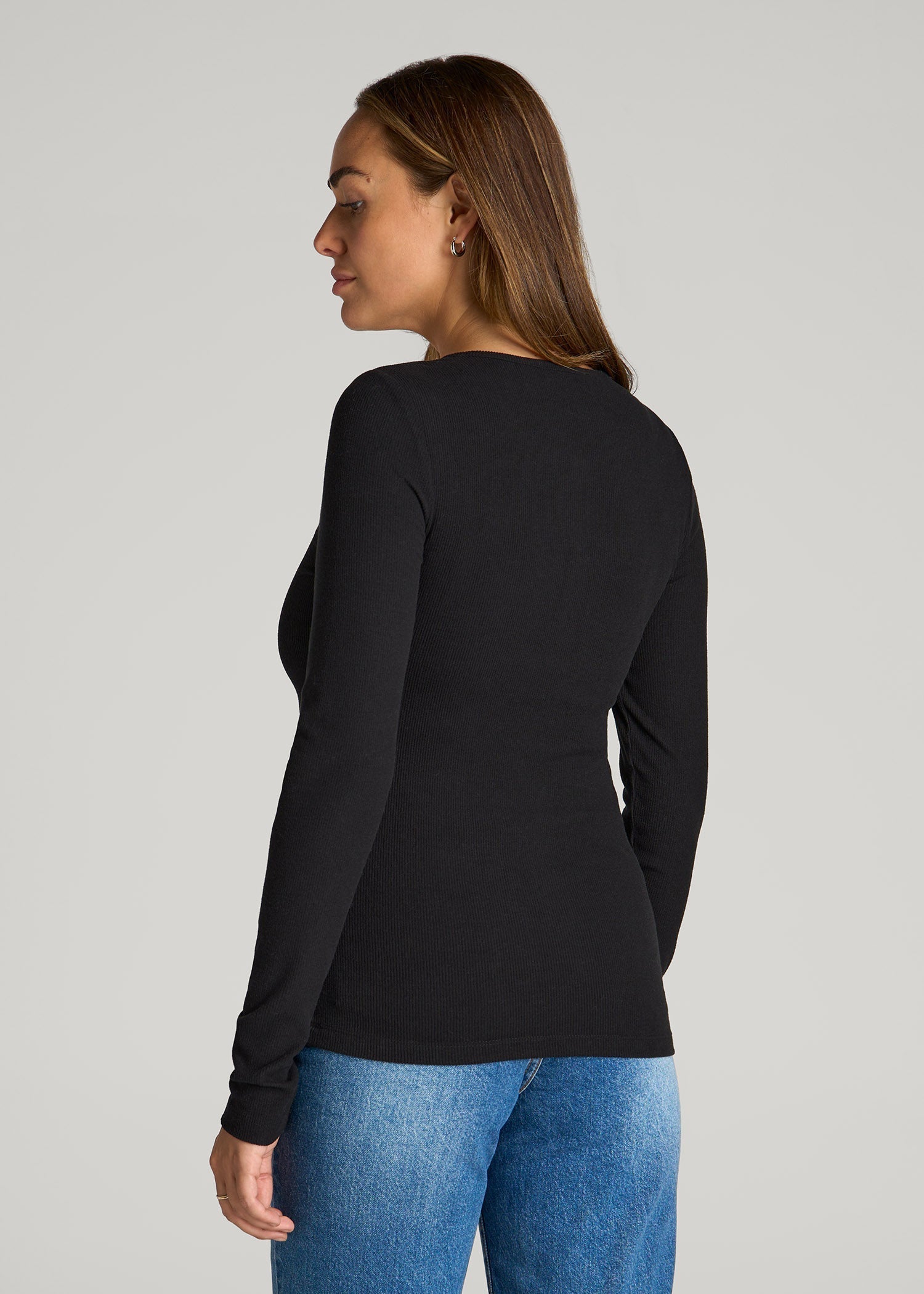 American Tall Discount | Long Sleeve Ribbed Crewneck Henley Shirt for Tall Women in Black