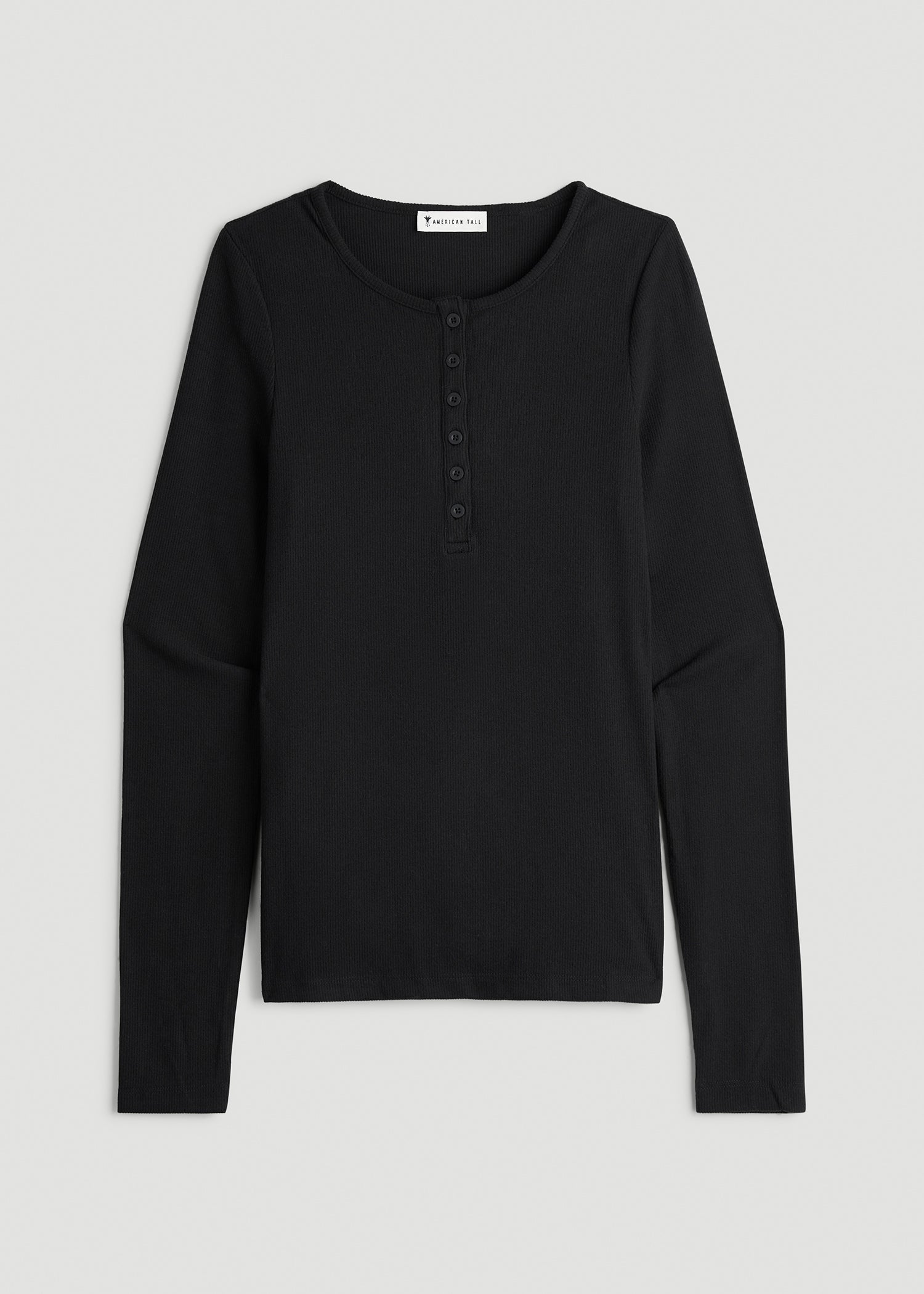 American Tall Discount | Long Sleeve Ribbed Crewneck Henley Shirt for Tall Women in Black
