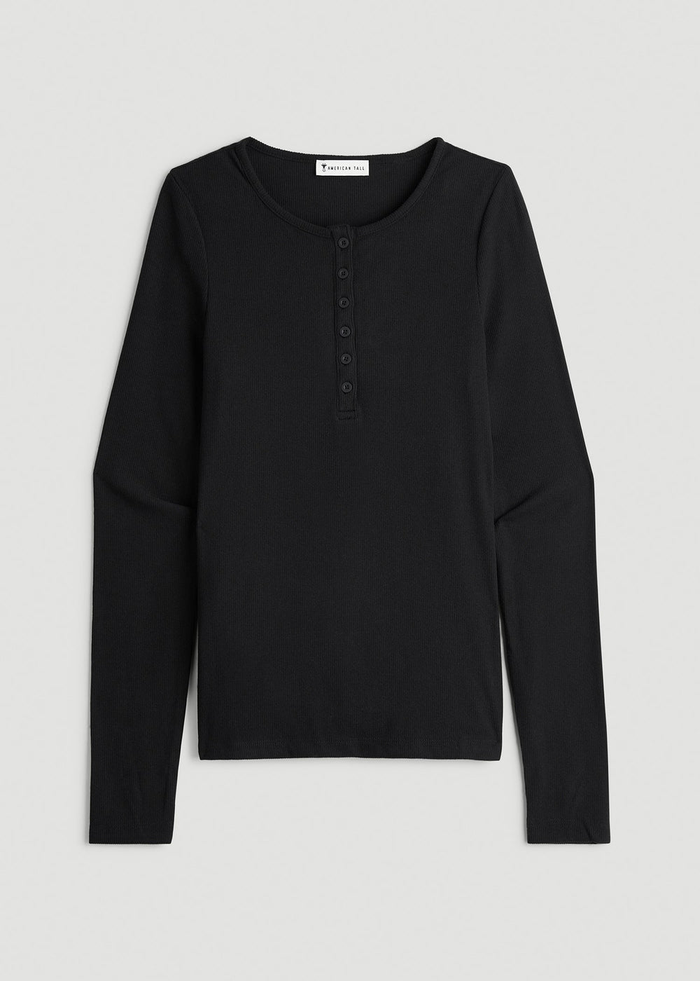 American Tall Discount | Long Sleeve Ribbed Crewneck Henley Shirt for Tall Women in Black