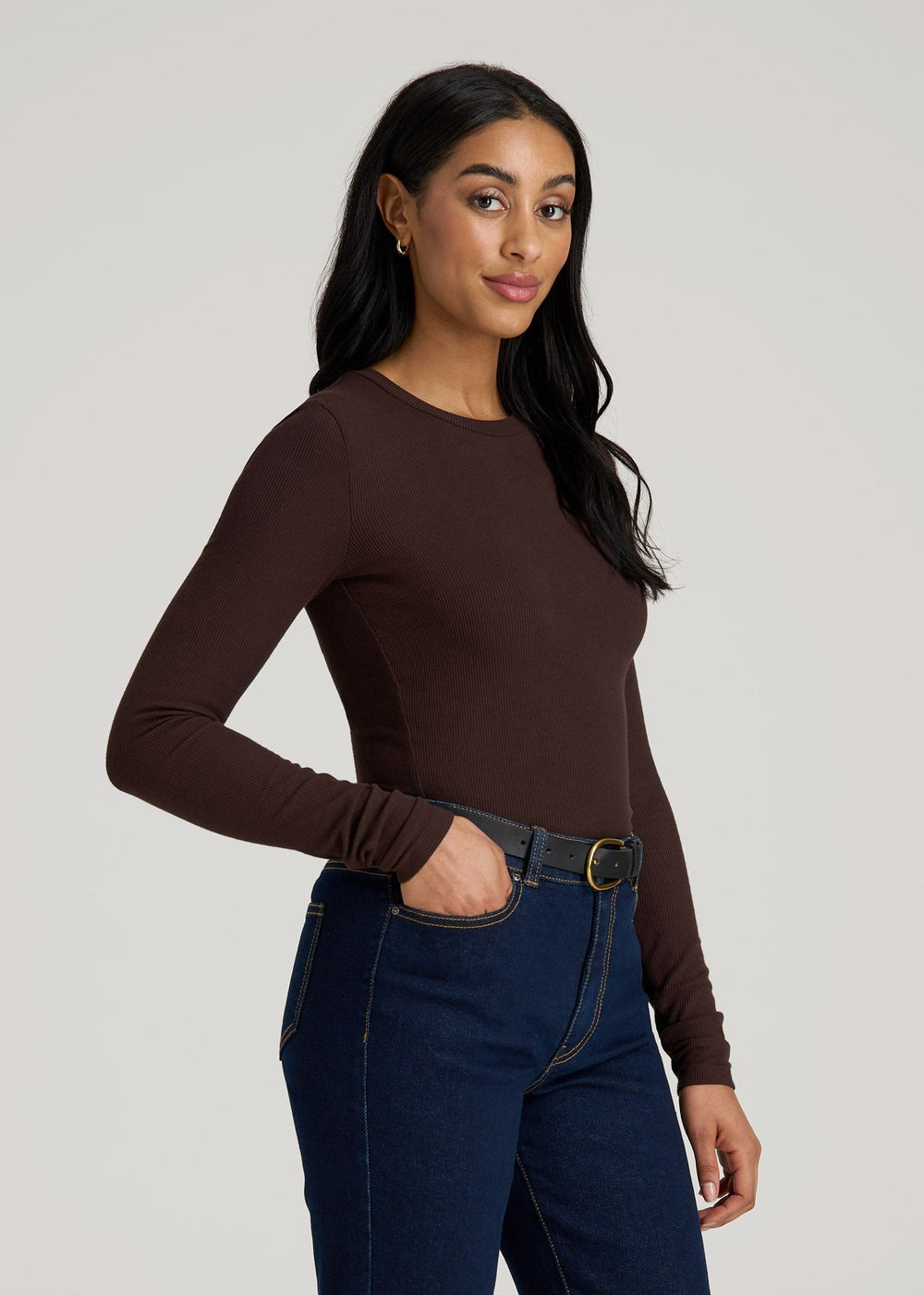 American Tall Online | FITTED Ribbed Long Sleeve Tee for Tall Women in Espresso