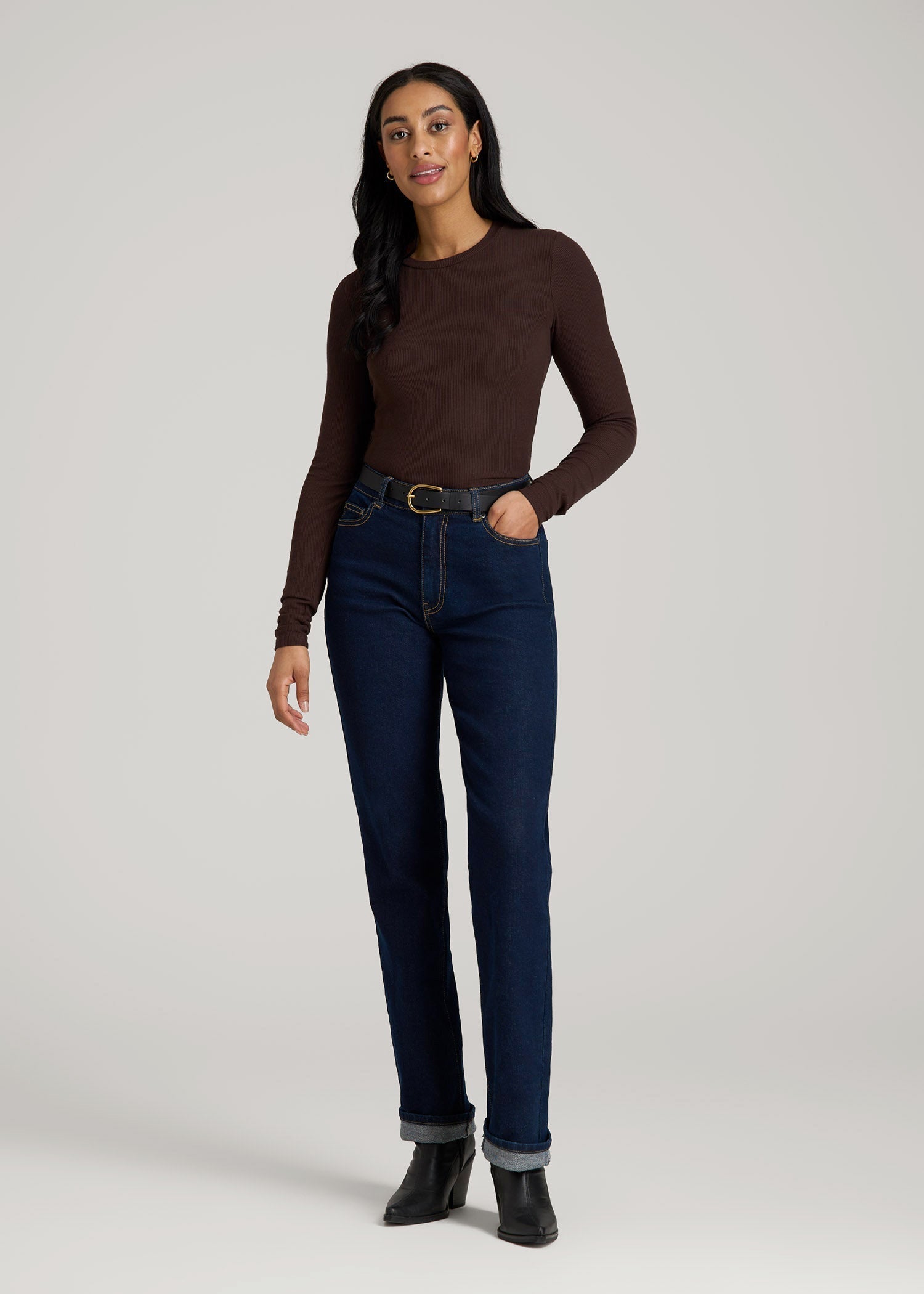 American Tall Online | FITTED Ribbed Long Sleeve Tee for Tall Women in Espresso