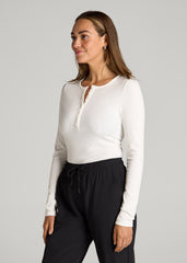 American Tall Sale | Long Sleeve Ribbed Crewneck Henley Shirt for Tall Women in Cream