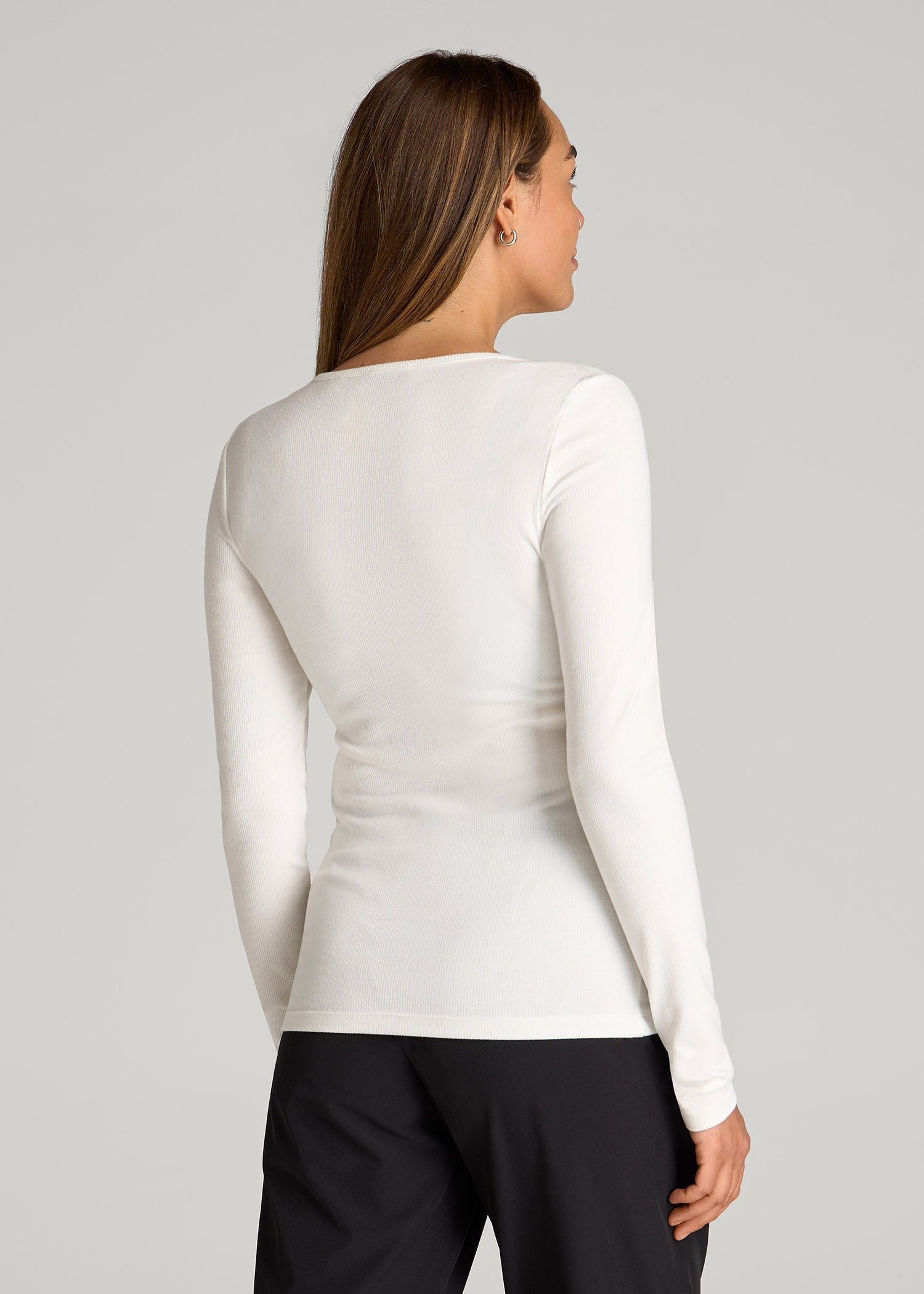 American Tall Sale | Long Sleeve Ribbed Crewneck Henley Shirt for Tall Women in Cream