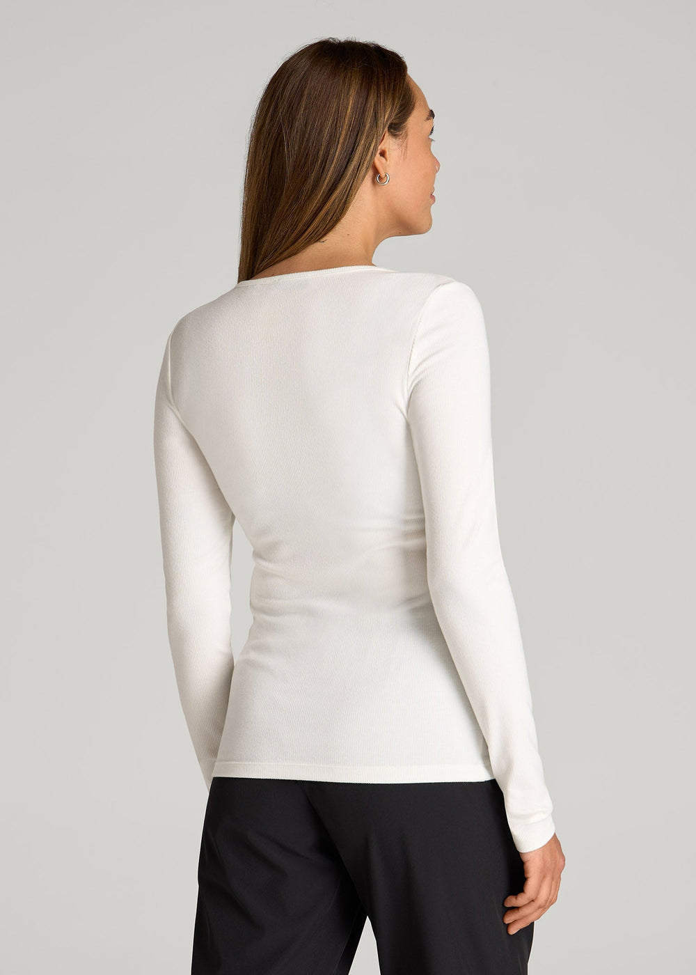American Tall Sale | Long Sleeve Ribbed Crewneck Henley Shirt for Tall Women in Cream