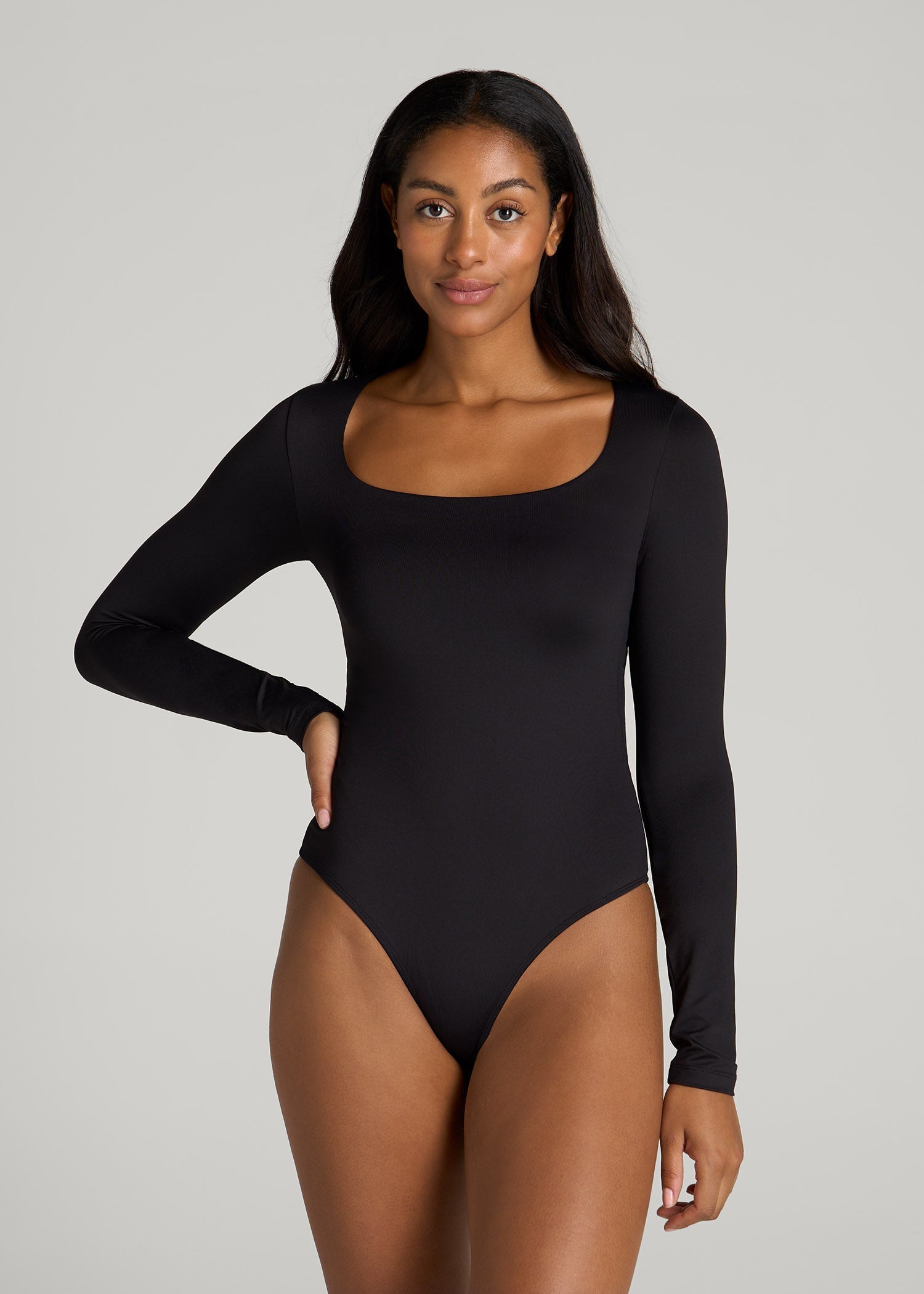 American Tall Outlet | Long Sleeve Square Neck Bodysuit for Tall Women in Black