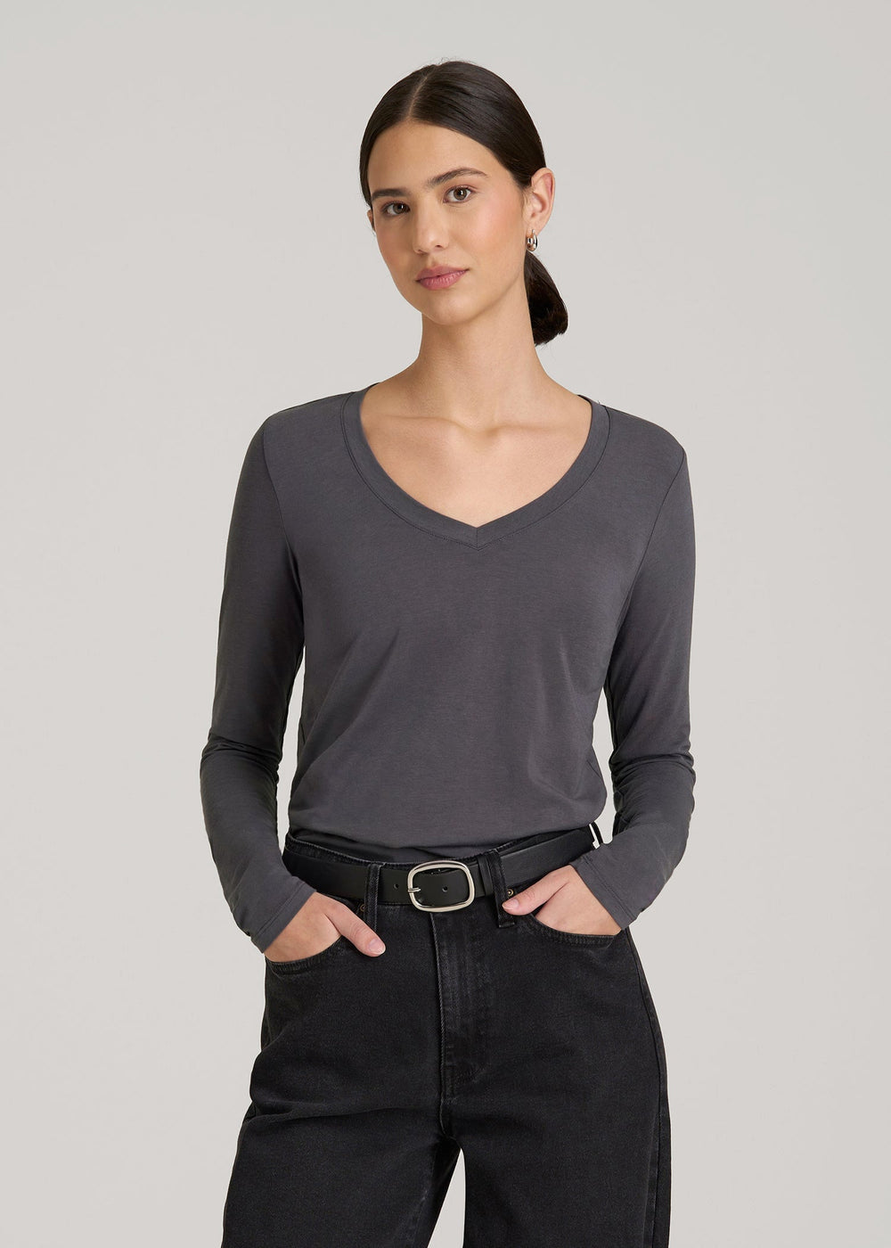 American Tall Discount | Long Sleeve Scoop V-Neck Tee Shirt for Tall Women in Charcoal