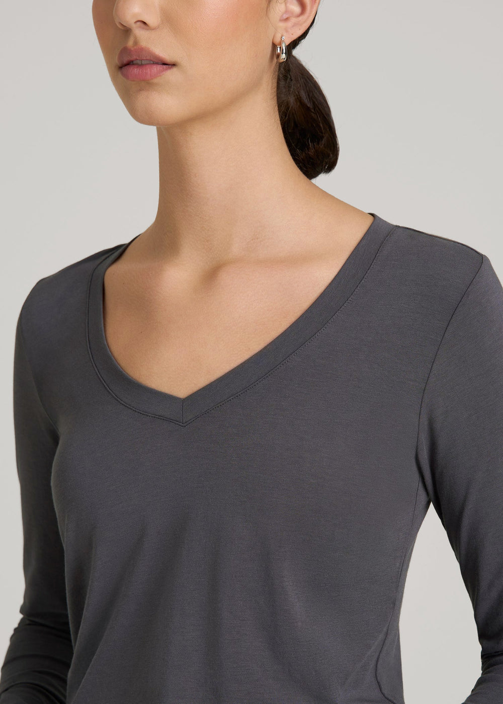 American Tall Discount | Long Sleeve Scoop V-Neck Tee Shirt for Tall Women in Charcoal
