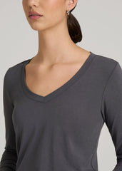 American Tall Discount | Long Sleeve Scoop V-Neck Tee Shirt for Tall Women in Charcoal
