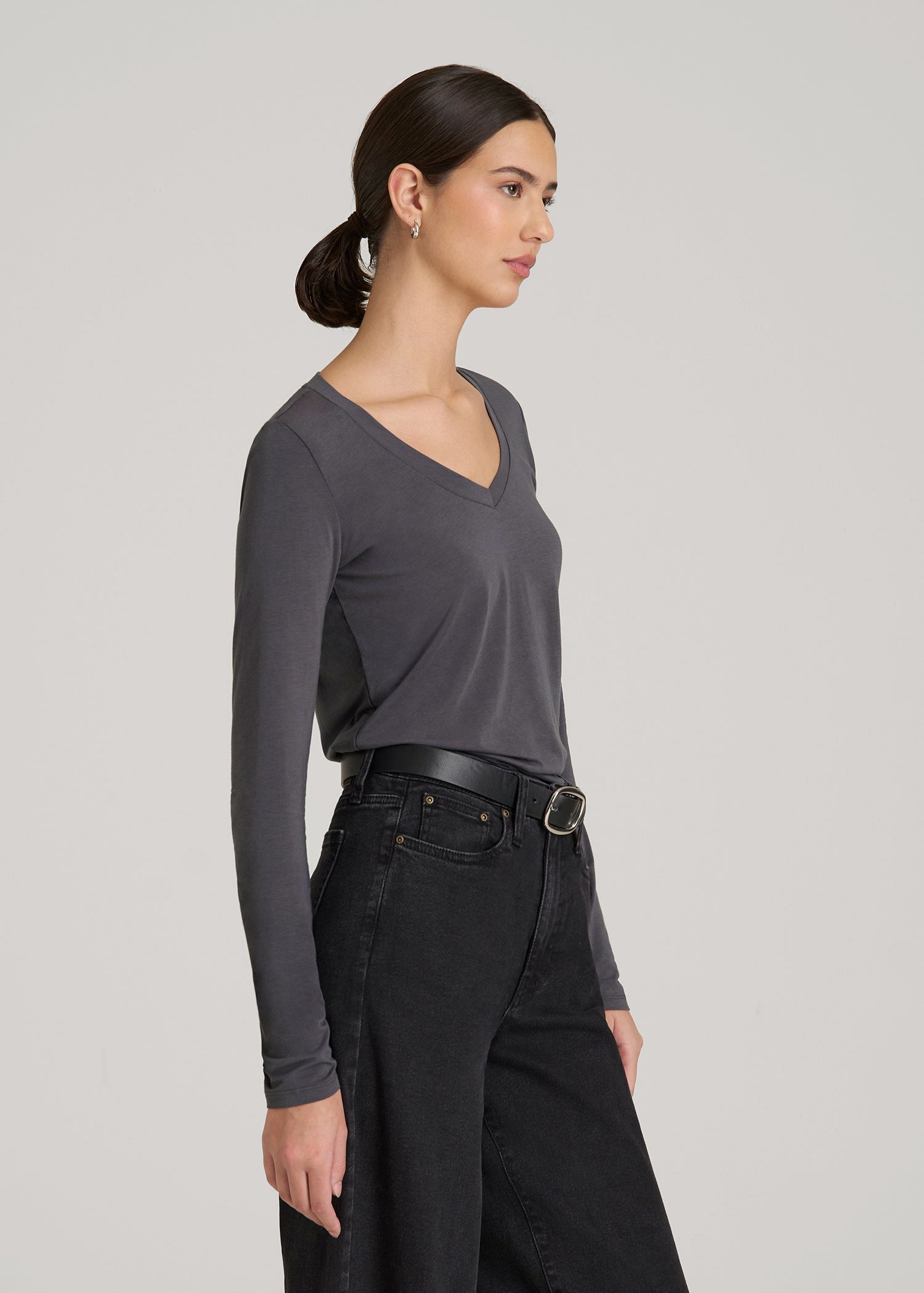 American Tall Discount | Long Sleeve Scoop V-Neck Tee Shirt for Tall Women in Charcoal