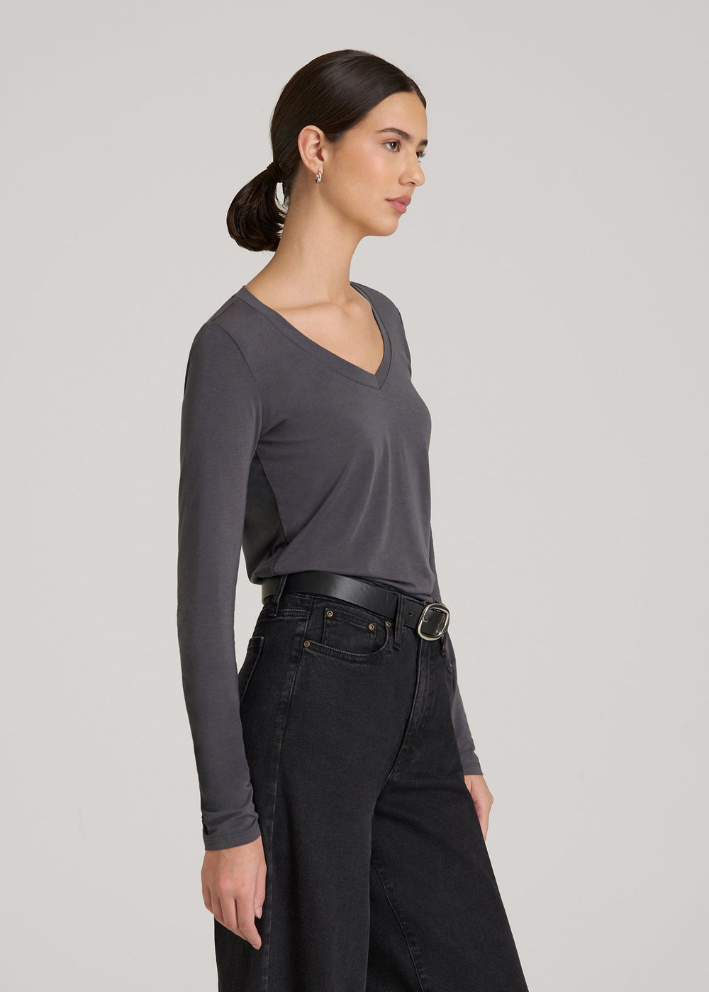 American Tall Discount | Long Sleeve Scoop V-Neck Tee Shirt for Tall Women in Charcoal
