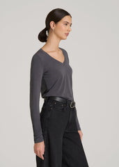 American Tall Discount | Long Sleeve Scoop V-Neck Tee Shirt for Tall Women in Charcoal