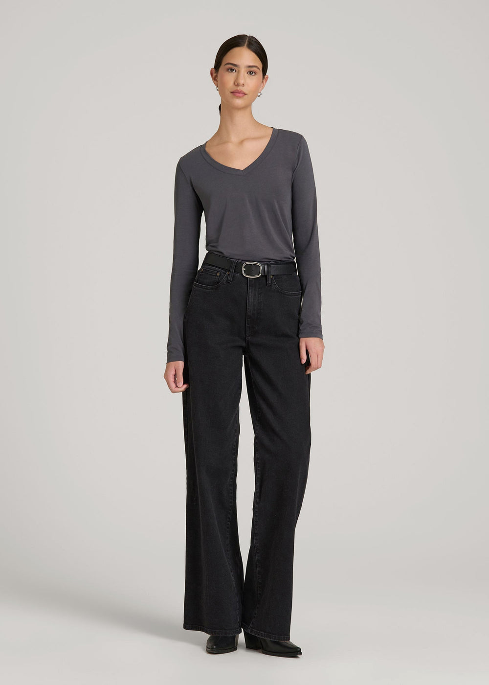 American Tall Discount | Long Sleeve Scoop V-Neck Tee Shirt for Tall Women in Charcoal