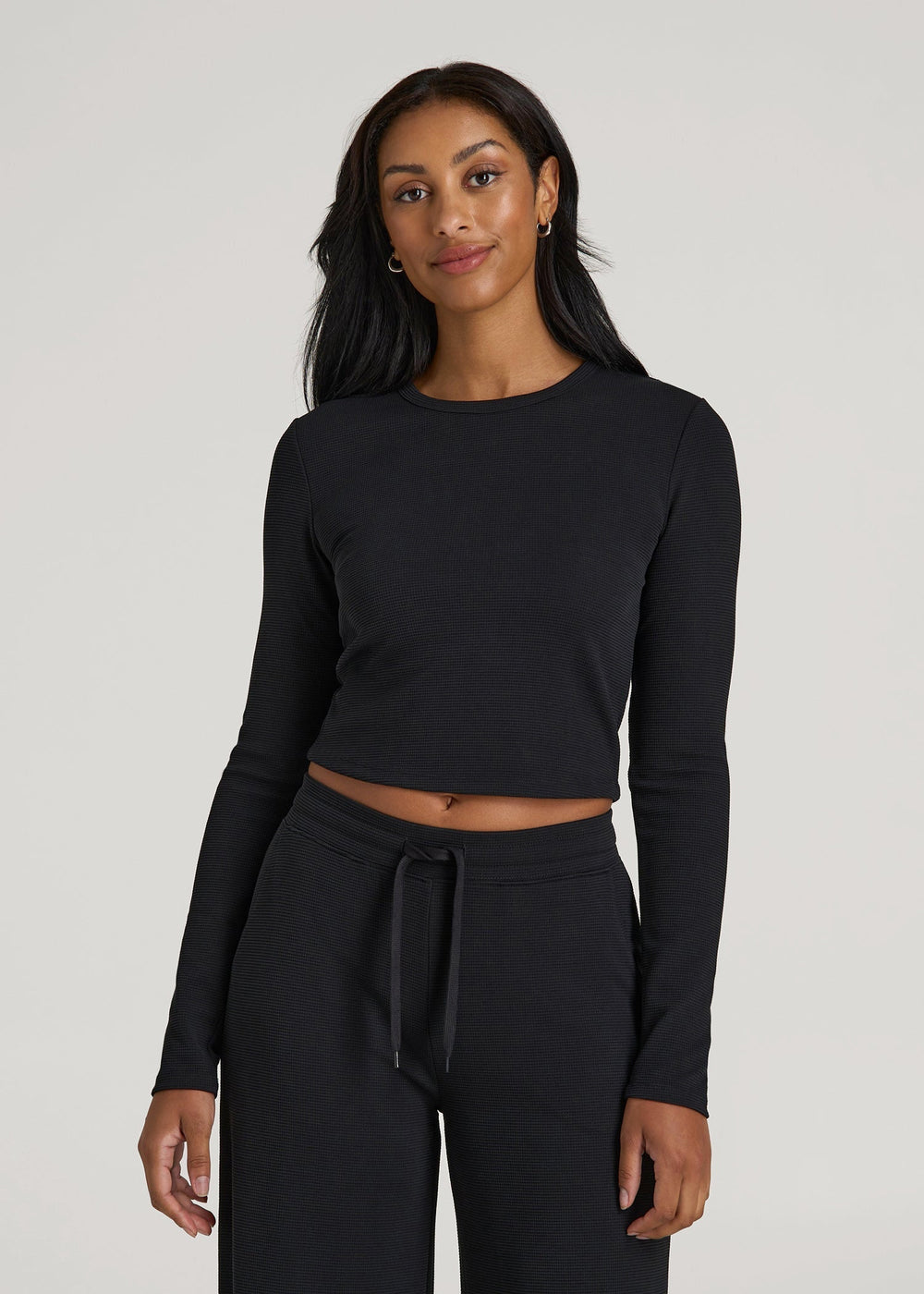 American Tall Sale | Cropped Long Sleeve Waffle Shirt for Tall Women in Black