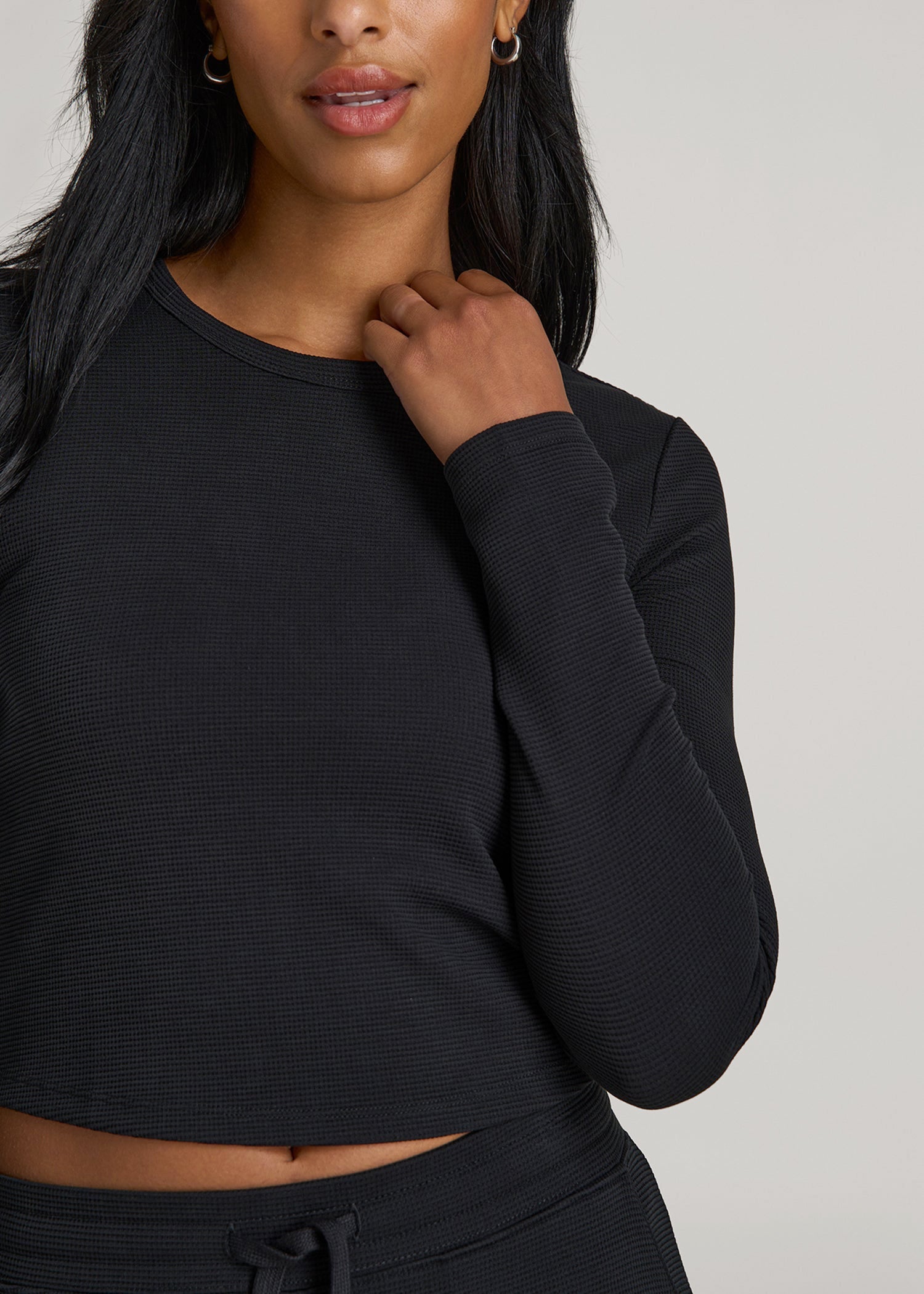 American Tall Sale | Cropped Long Sleeve Waffle Shirt for Tall Women in Black