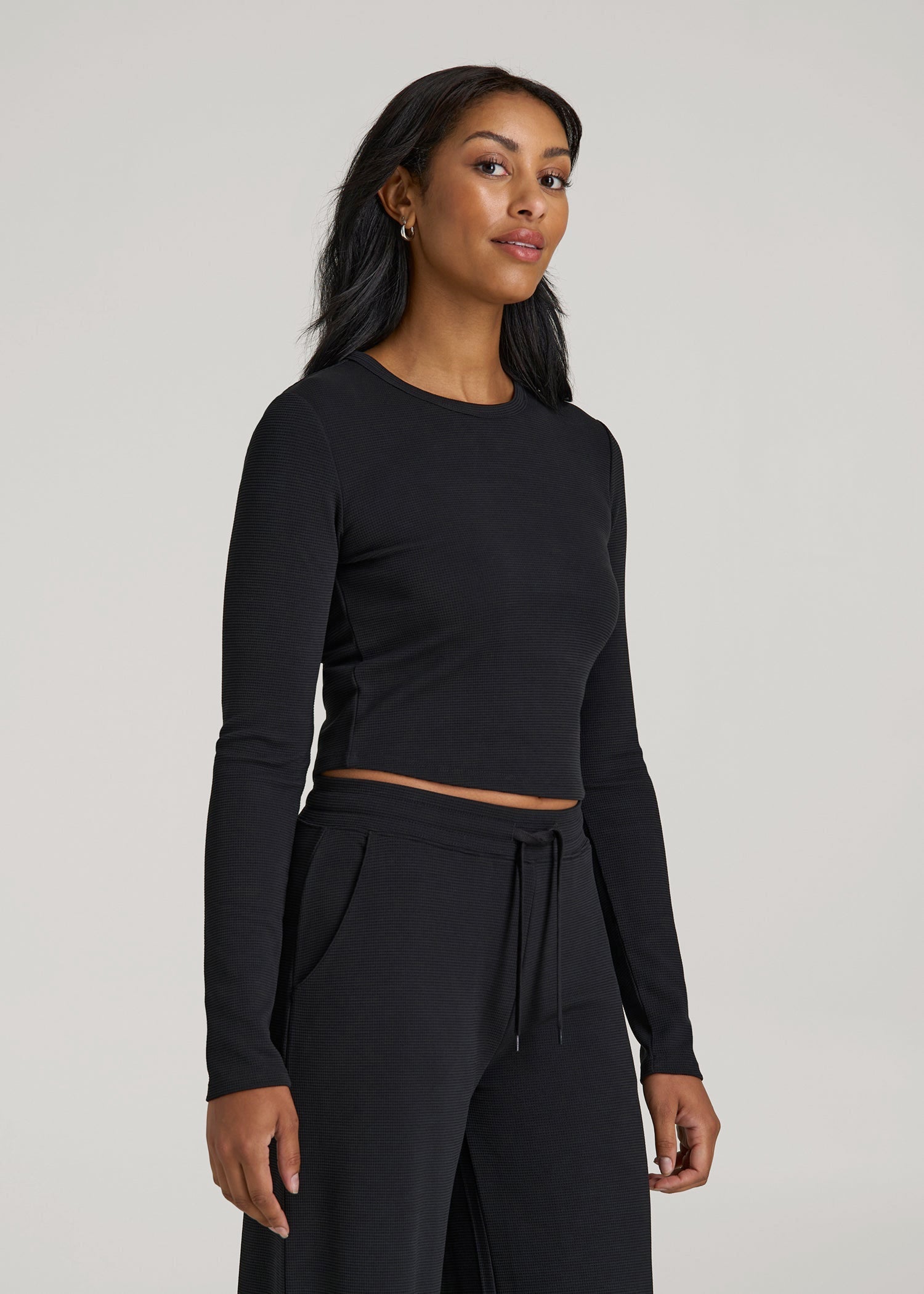 American Tall Sale | Cropped Long Sleeve Waffle Shirt for Tall Women in Black