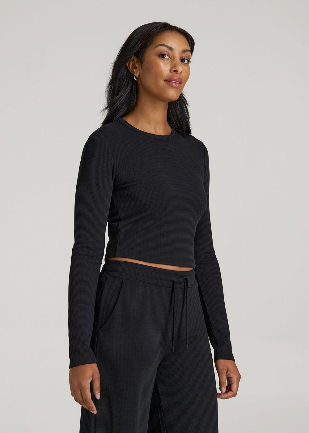 American Tall Sale | Cropped Long Sleeve Waffle Shirt for Tall Women in Black