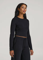 American Tall Sale | Cropped Long Sleeve Waffle Shirt for Tall Women in Black