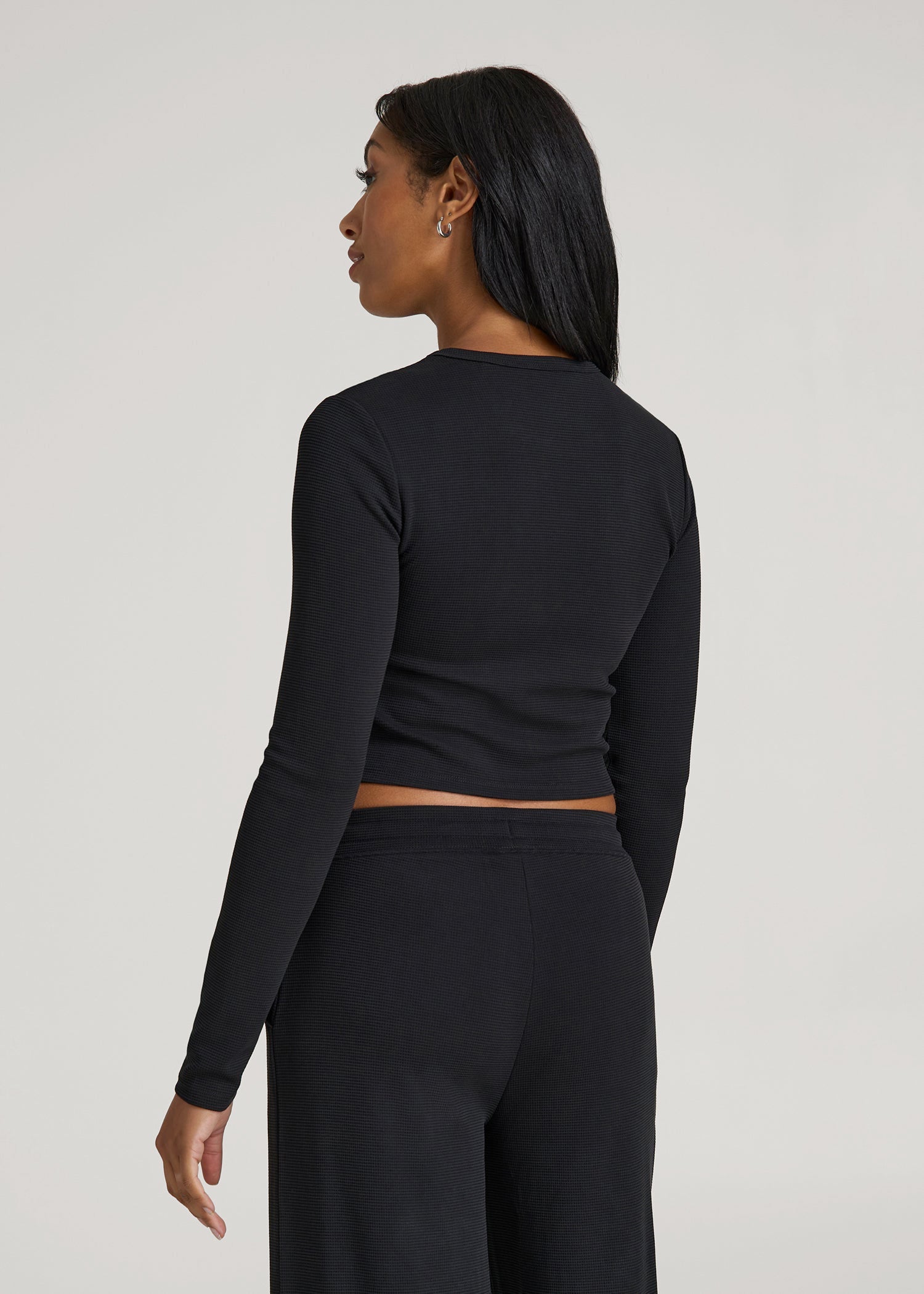American Tall Sale | Cropped Long Sleeve Waffle Shirt for Tall Women in Black