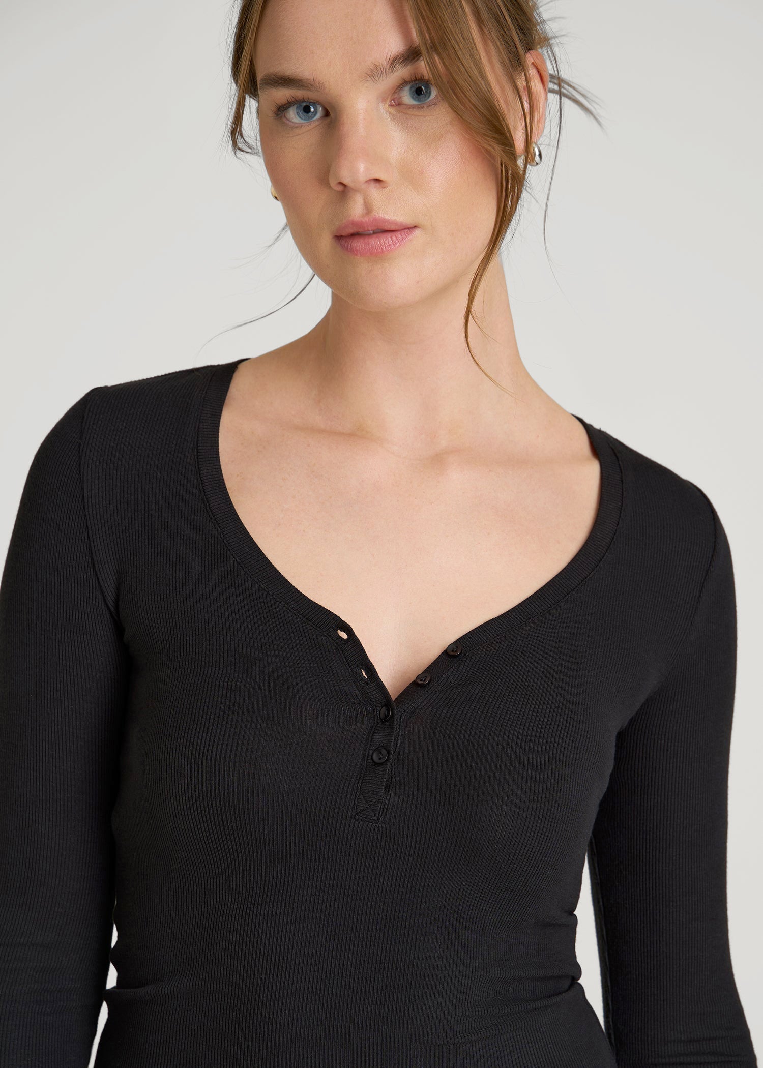 American Tall Outlet | Fitted Ribbed Long Sleeve Henley for Tall Women in Black