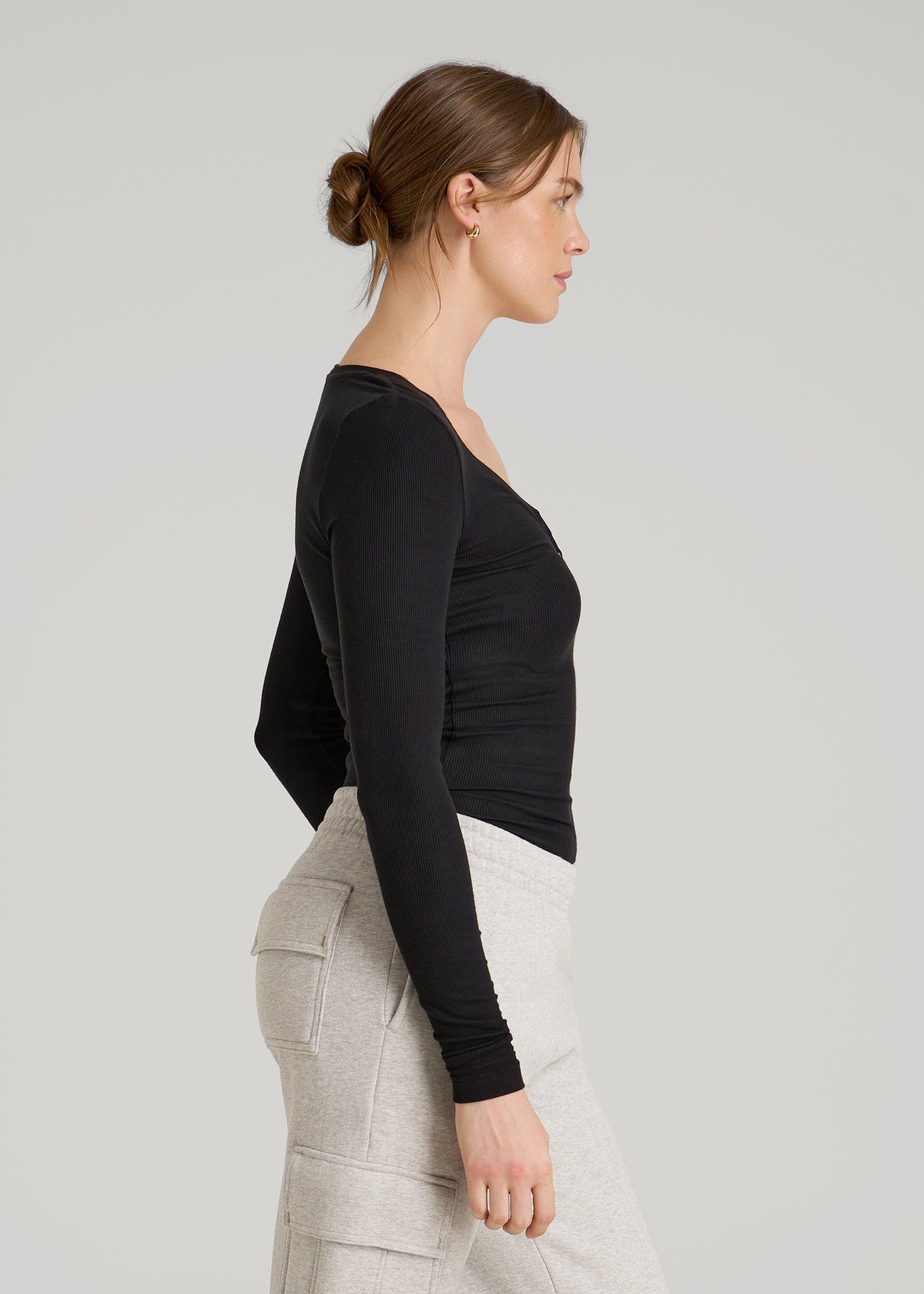 American Tall Outlet | Fitted Ribbed Long Sleeve Henley for Tall Women in Black