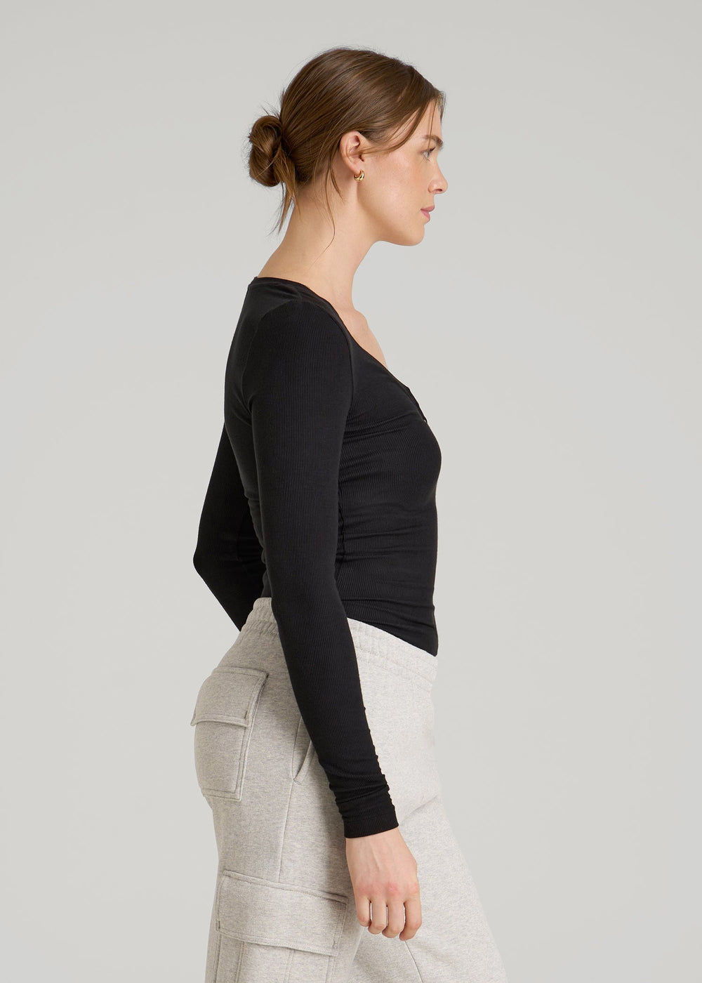 American Tall Outlet | Fitted Ribbed Long Sleeve Henley for Tall Women in Black