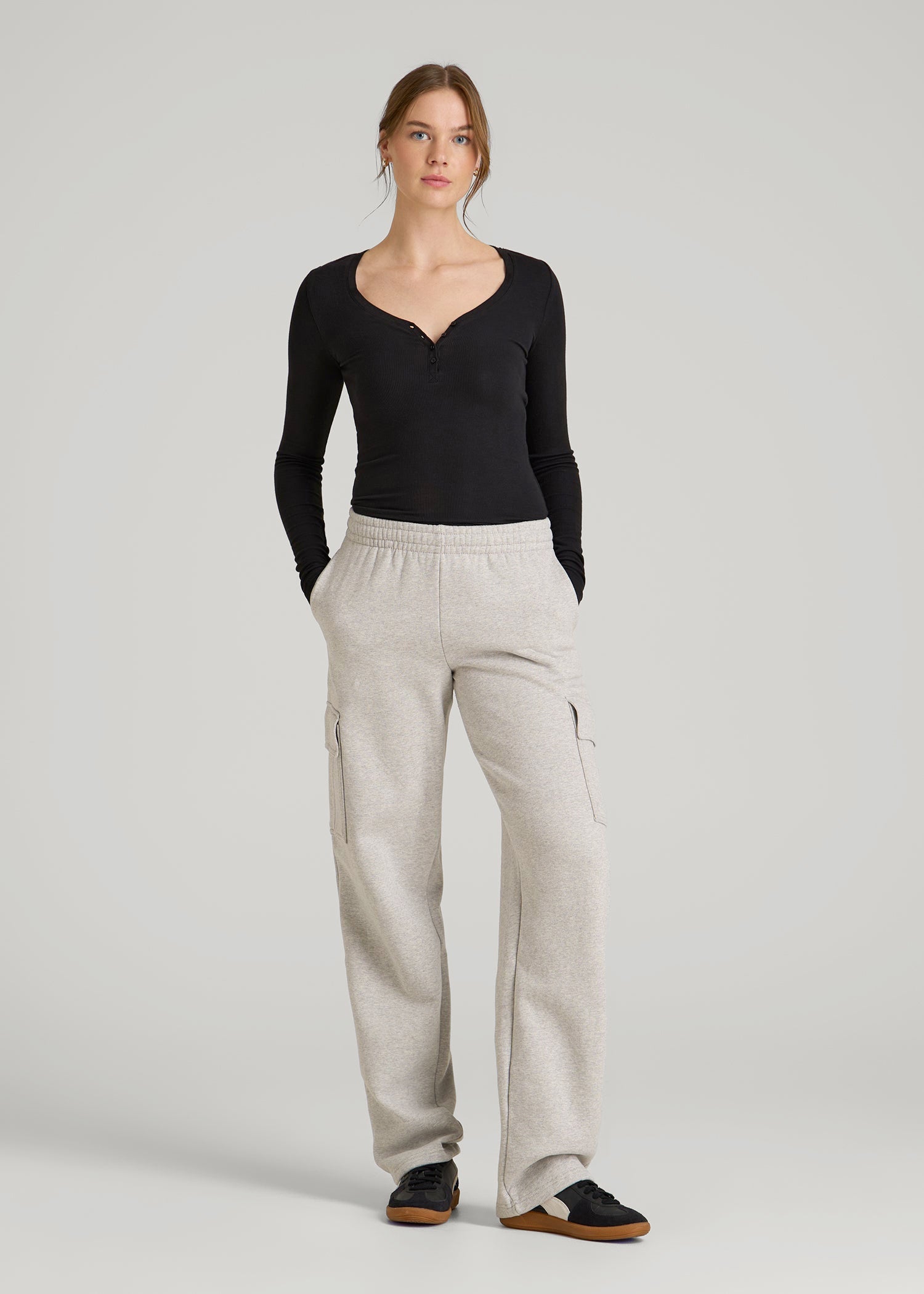 American Tall Outlet | Fitted Ribbed Long Sleeve Henley for Tall Women in Black