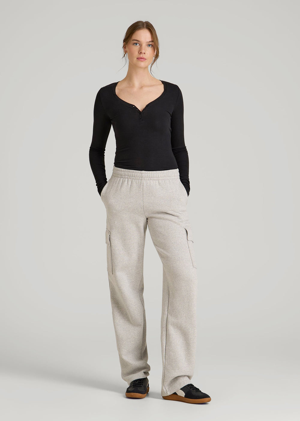 American Tall Outlet | Fitted Ribbed Long Sleeve Henley for Tall Women in Black